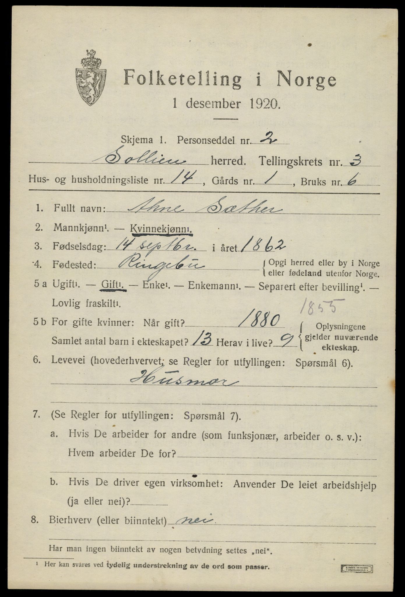 SAH, 1920 census for Sollia, 1920, p. 815