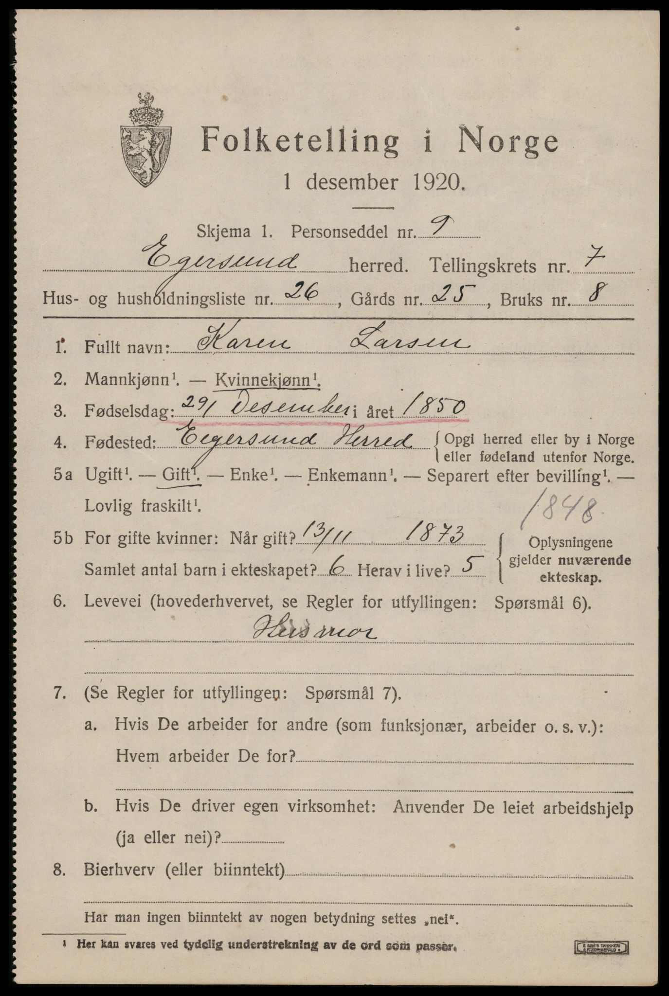 SAST, 1920 census for Eigersund, 1920, p. 4991