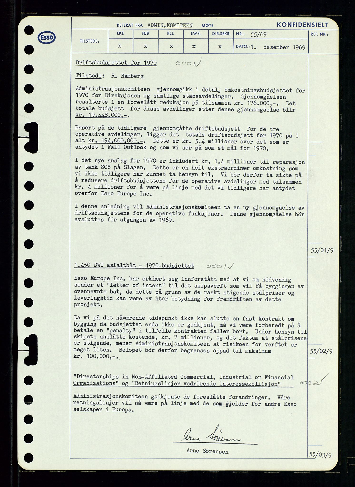 Pa 0982 - Esso Norge A/S, SAST/A-100448/A/Aa/L0003/0001: Den administrerende direksjon Board minutes (styrereferater) og Bedriftforsamlingsprotokoll / Den administrerende direksjon Board minutes (styrereferater), 1969, p. 125