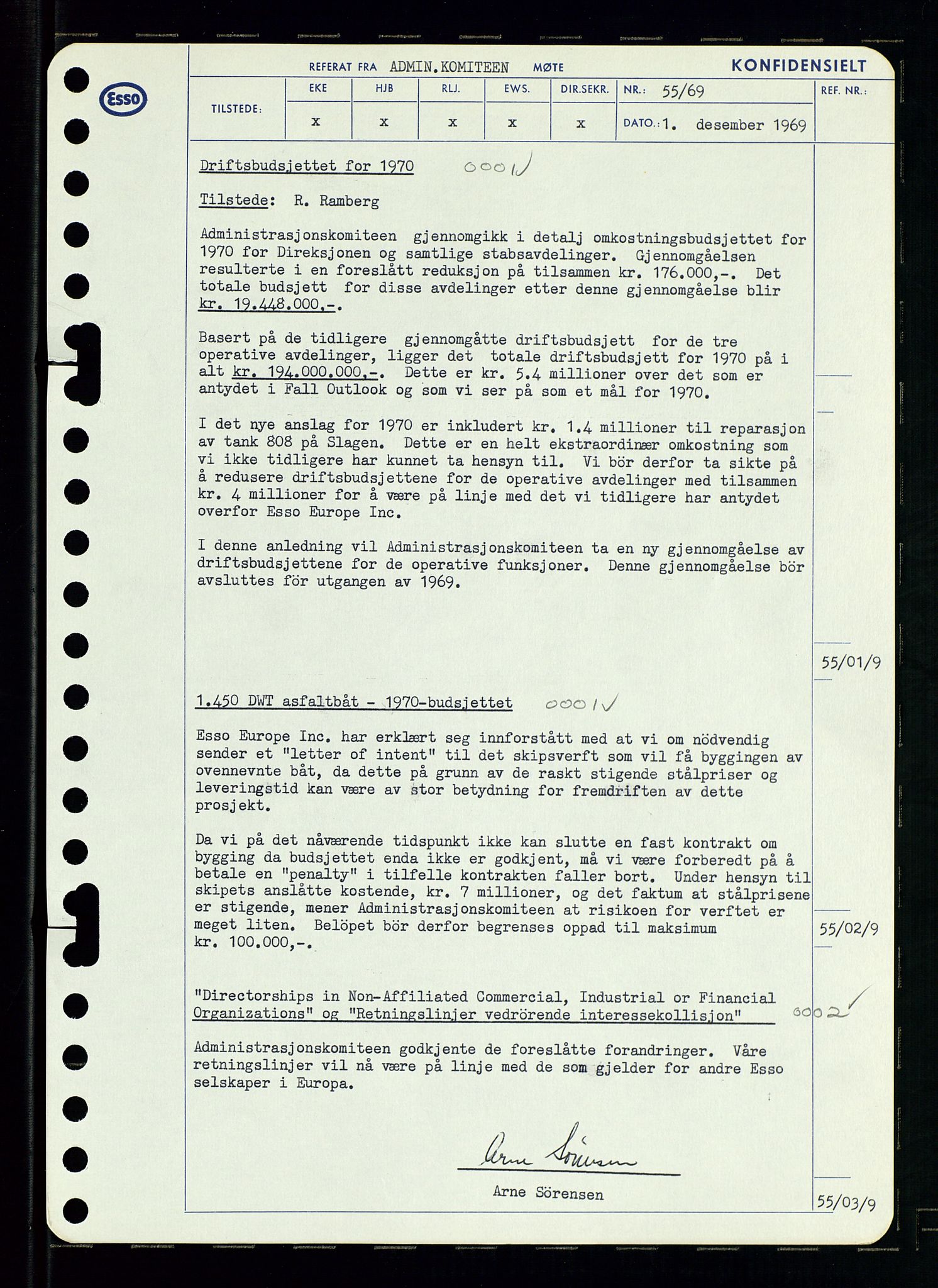 Pa 0982 - Esso Norge A/S, AV/SAST-A-100448/A/Aa/L0003/0001: Den administrerende direksjon Board minutes (styrereferater) og Bedriftforsamlingsprotokoll / Den administrerende direksjon Board minutes (styrereferater), 1969, p. 125