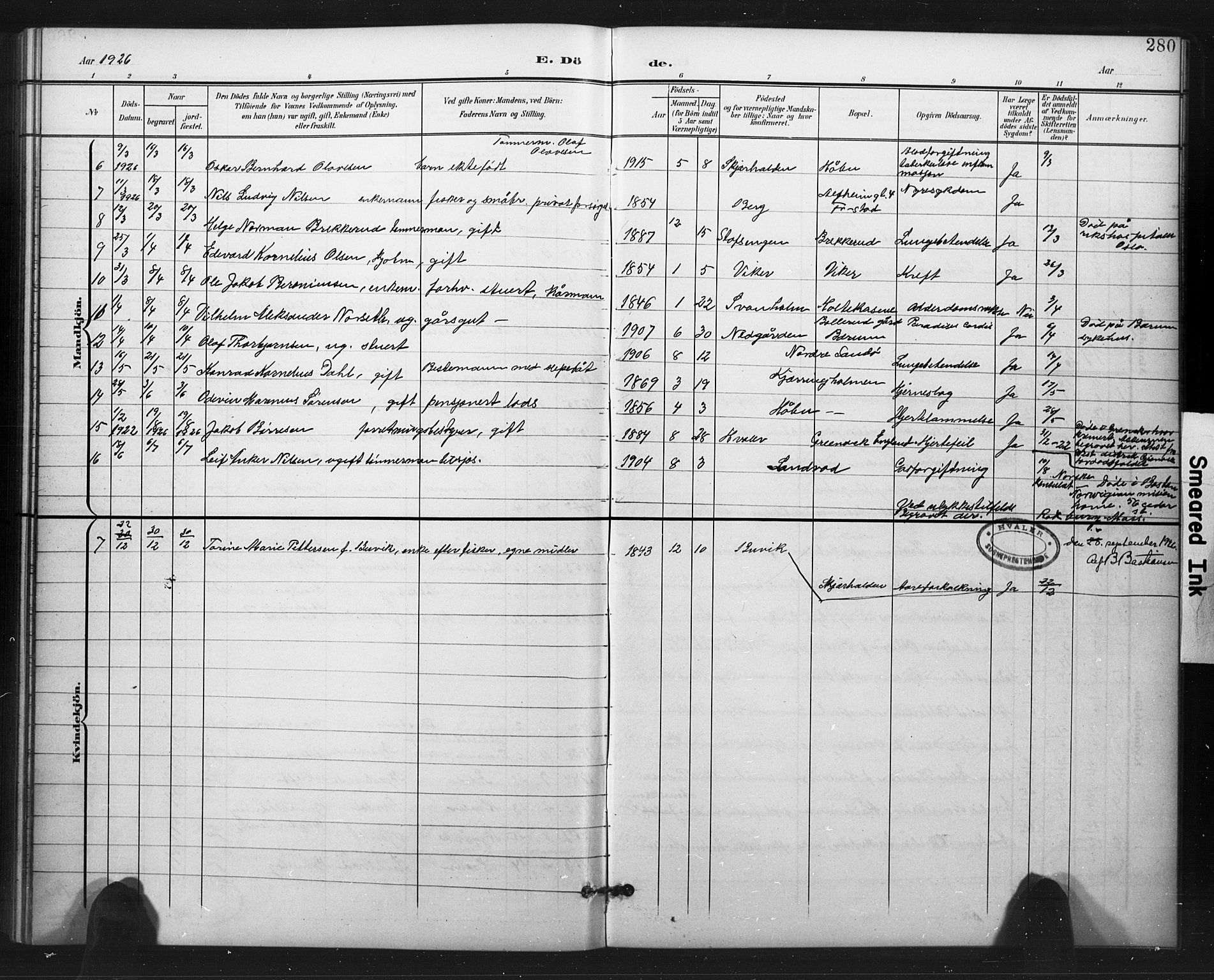 Hvaler prestekontor Kirkebøker, AV/SAO-A-2001/G/Ga/L0001: Parish register (copy) no. I 1, 1901-1930, p. 280
