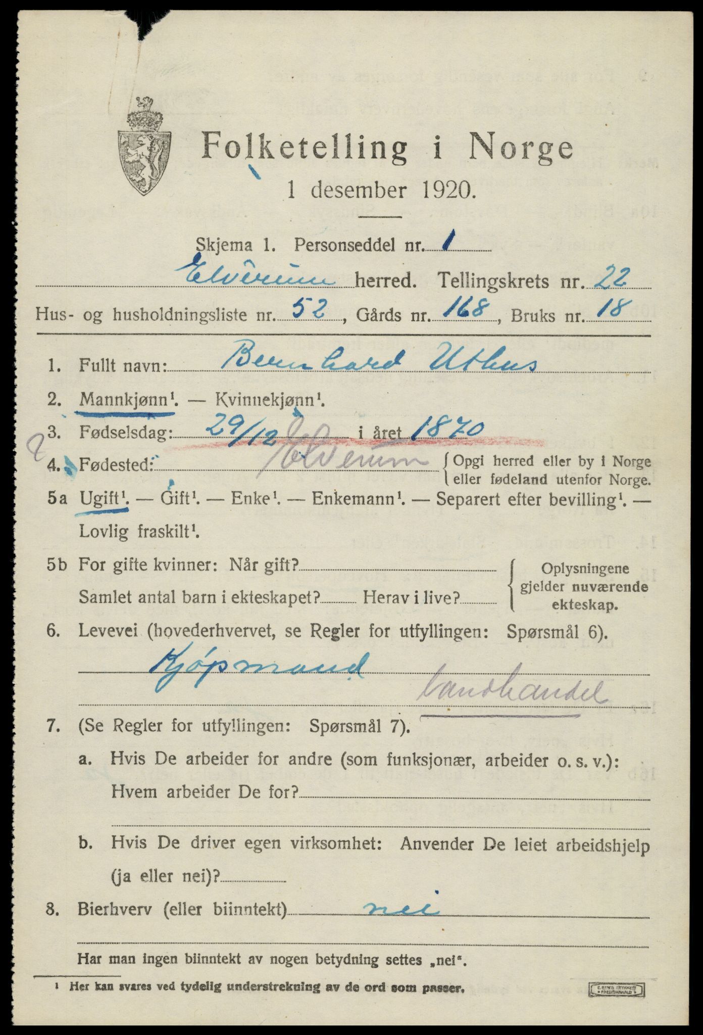 SAH, 1920 census for Elverum, 1920, p. 25168