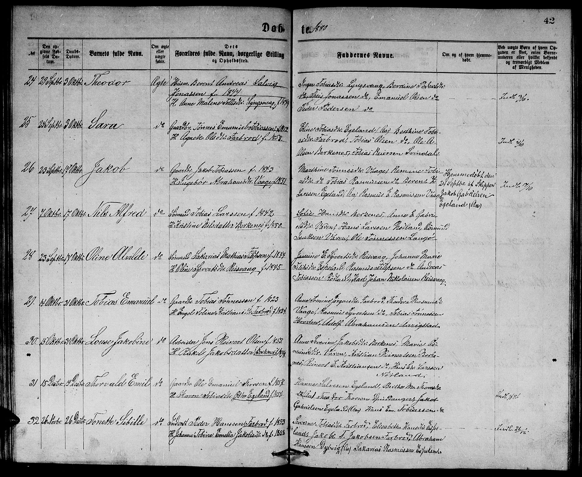 Herad sokneprestkontor, SAK/1111-0018/F/Fb/Fbb/L0003: Parish register (copy) no. B 3, 1872-1889, p. 42