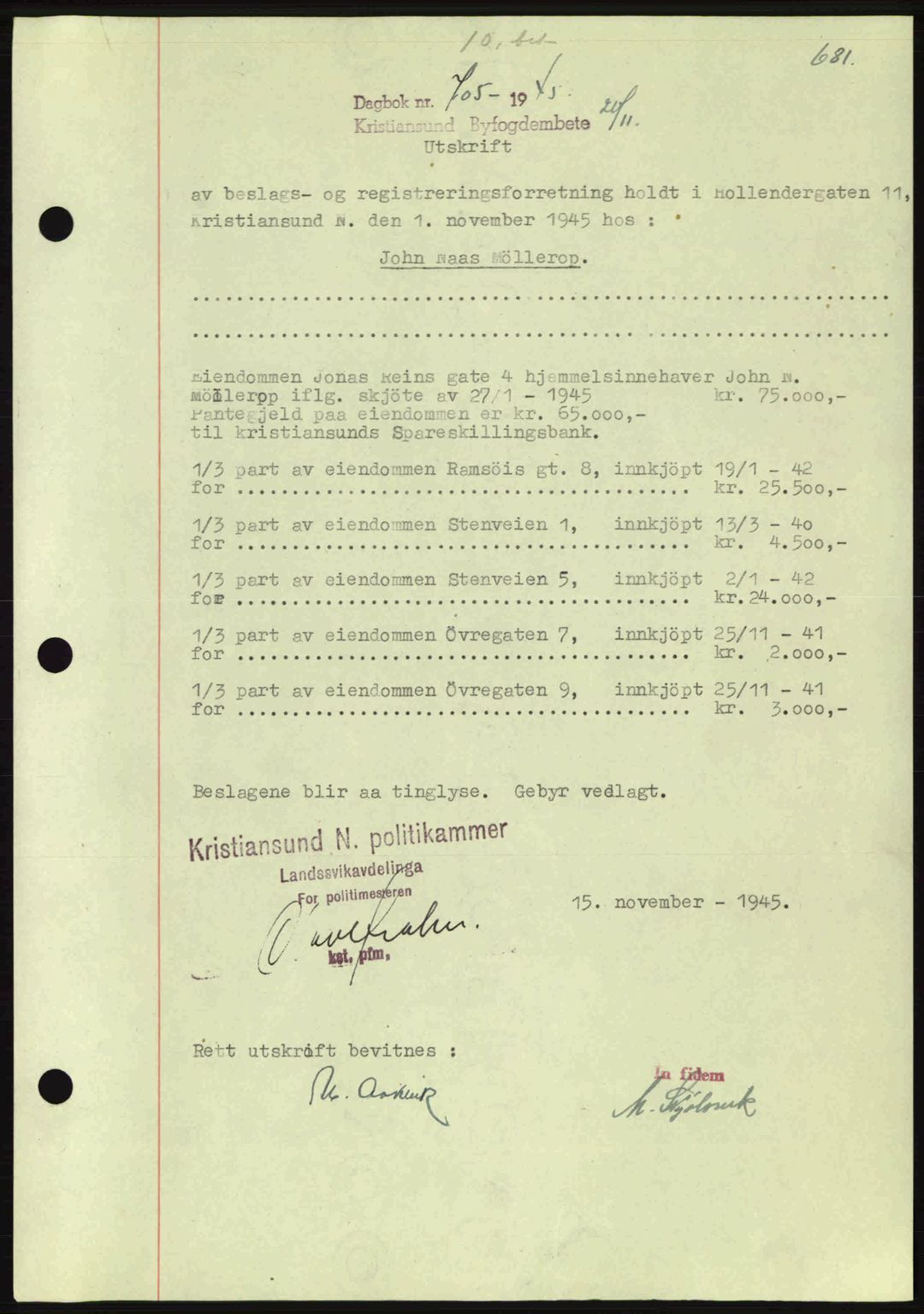 Kristiansund byfogd, SAT/A-4587/A/27: Mortgage book no. 37-38, 1943-1945, Diary no: : 705/1945