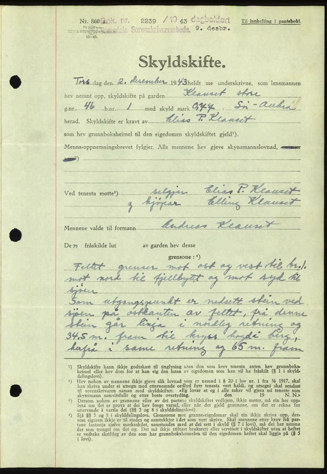 Romsdal sorenskriveri, AV/SAT-A-4149/1/2/2C: Mortgage book no. A15, 1943-1944, Diary no: : 2239/1943