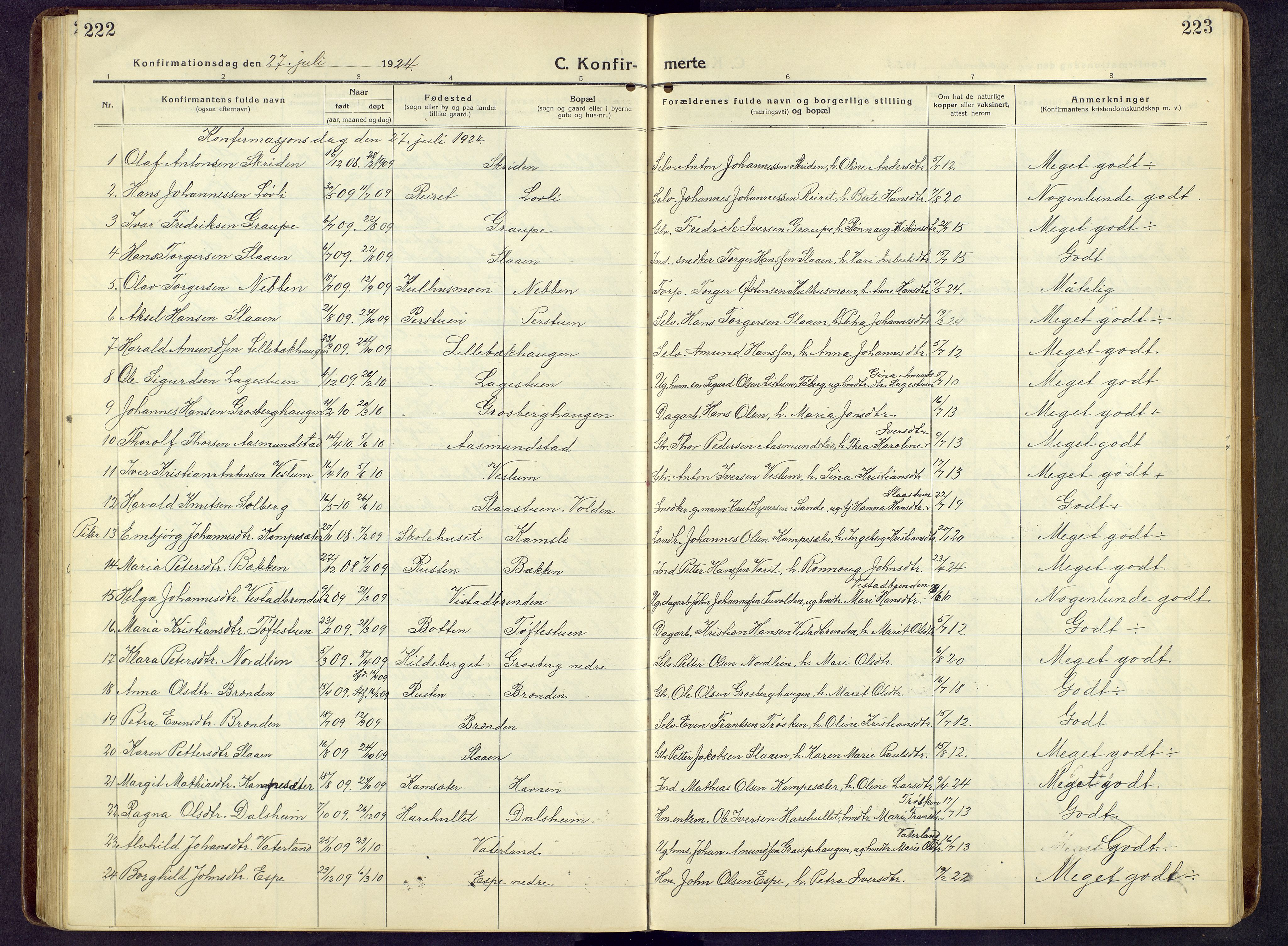 Nord-Fron prestekontor, AV/SAH-PREST-080/H/Ha/Hab/L0009: Parish register (copy) no. 9, 1915-1958, p. 222-223