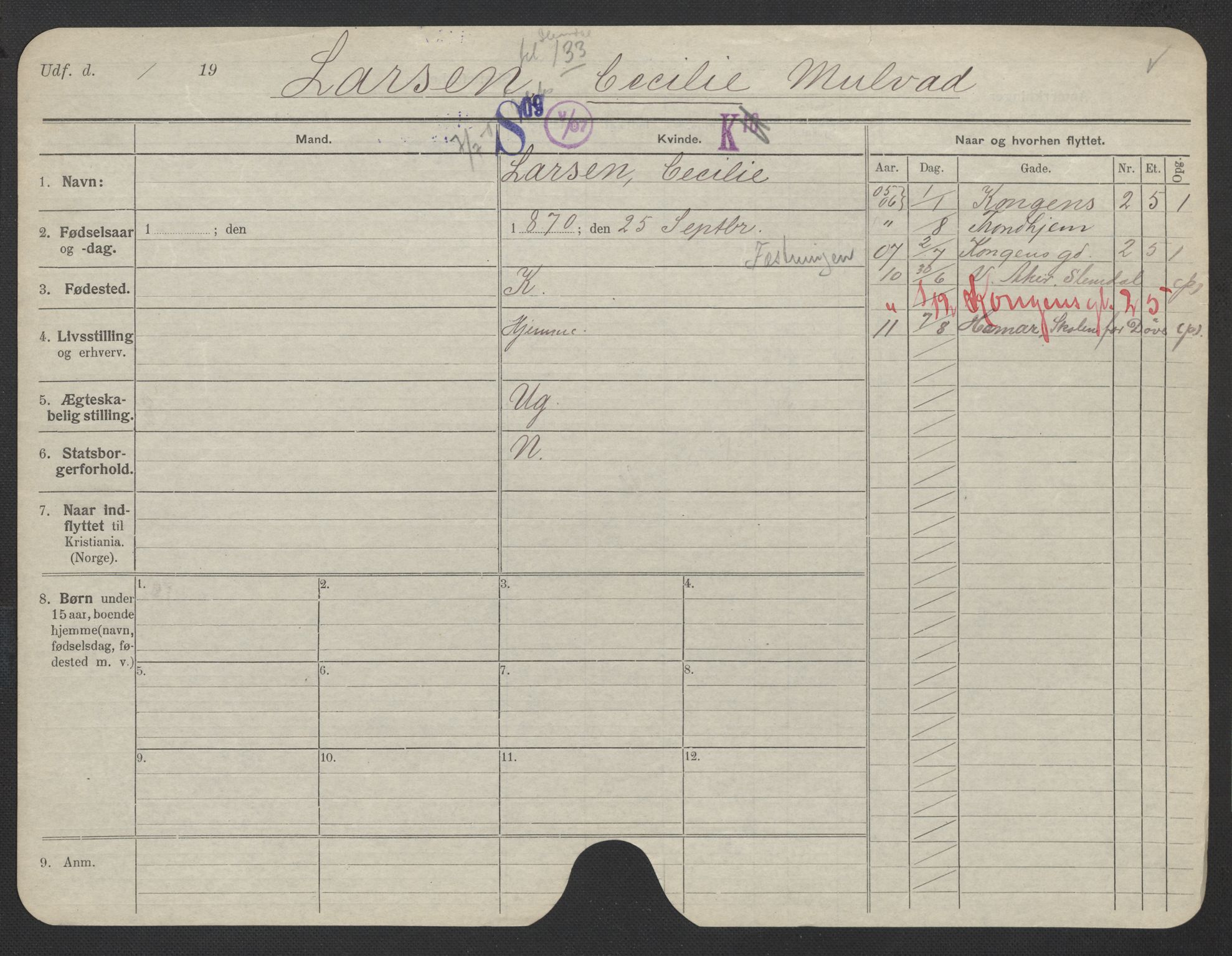 Oslo folkeregister, Registerkort, AV/SAO-A-11715/F/Fa/Fac/L0019: Kvinner, 1906-1914, p. 846a