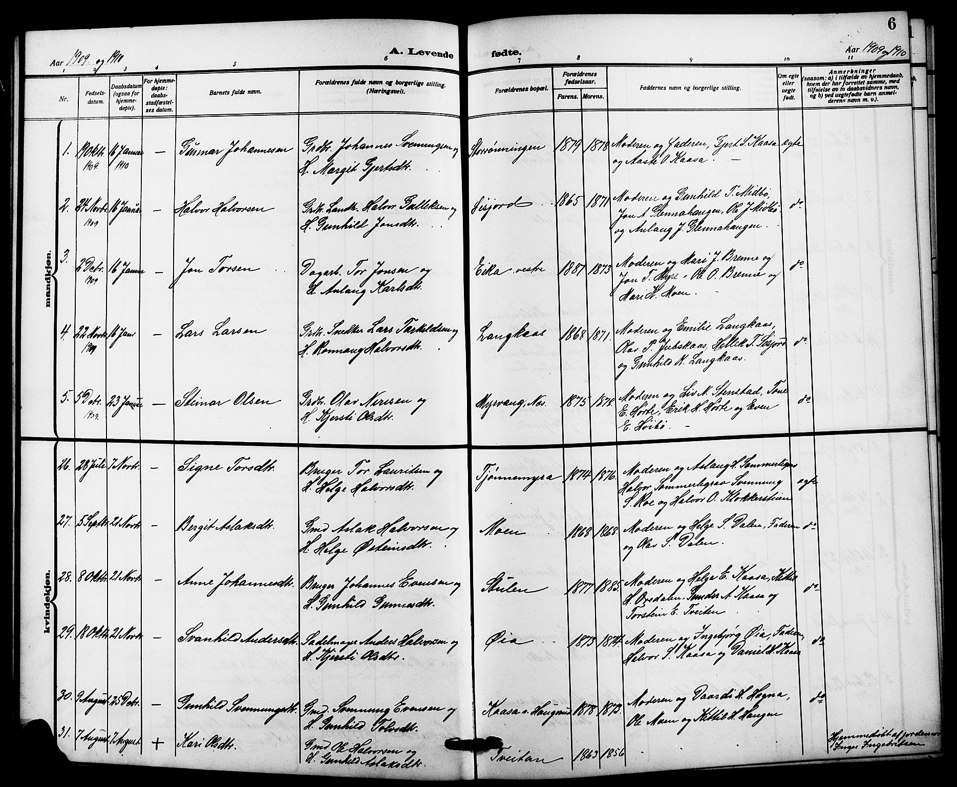 Bø kirkebøker, SAKO/A-257/G/Ga/L0007: Parish register (copy) no. 7, 1909-1924, p. 6