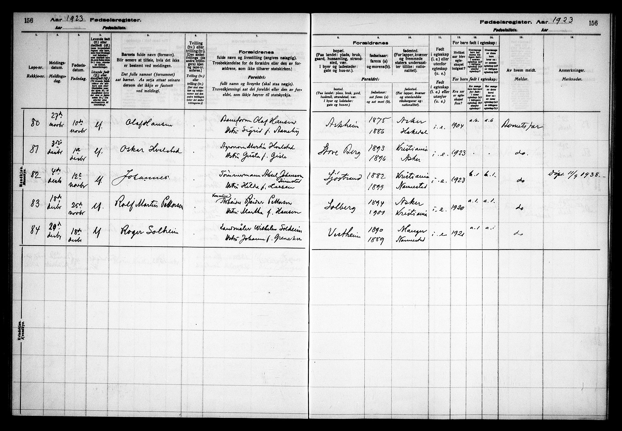 Asker prestekontor Kirkebøker, AV/SAO-A-10256a/J/L0001: Birth register no. 1, 1916-1925, p. 156