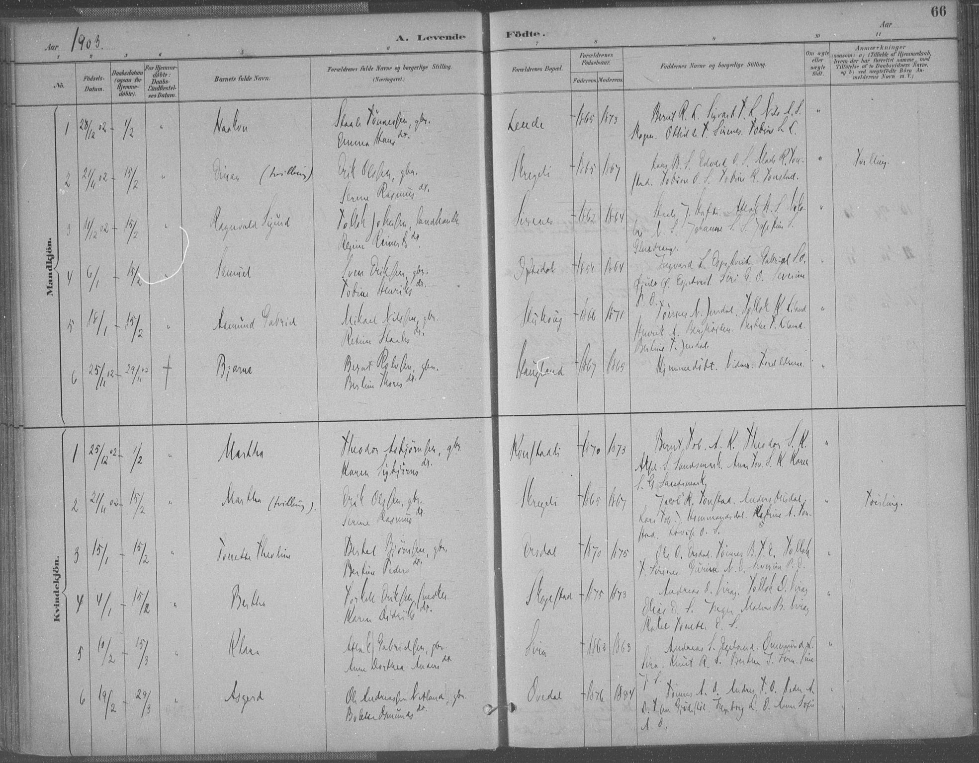 Bakke sokneprestkontor, SAK/1111-0002/F/Fa/Faa/L0008: Parish register (official) no. A 8, 1887-1911, p. 66