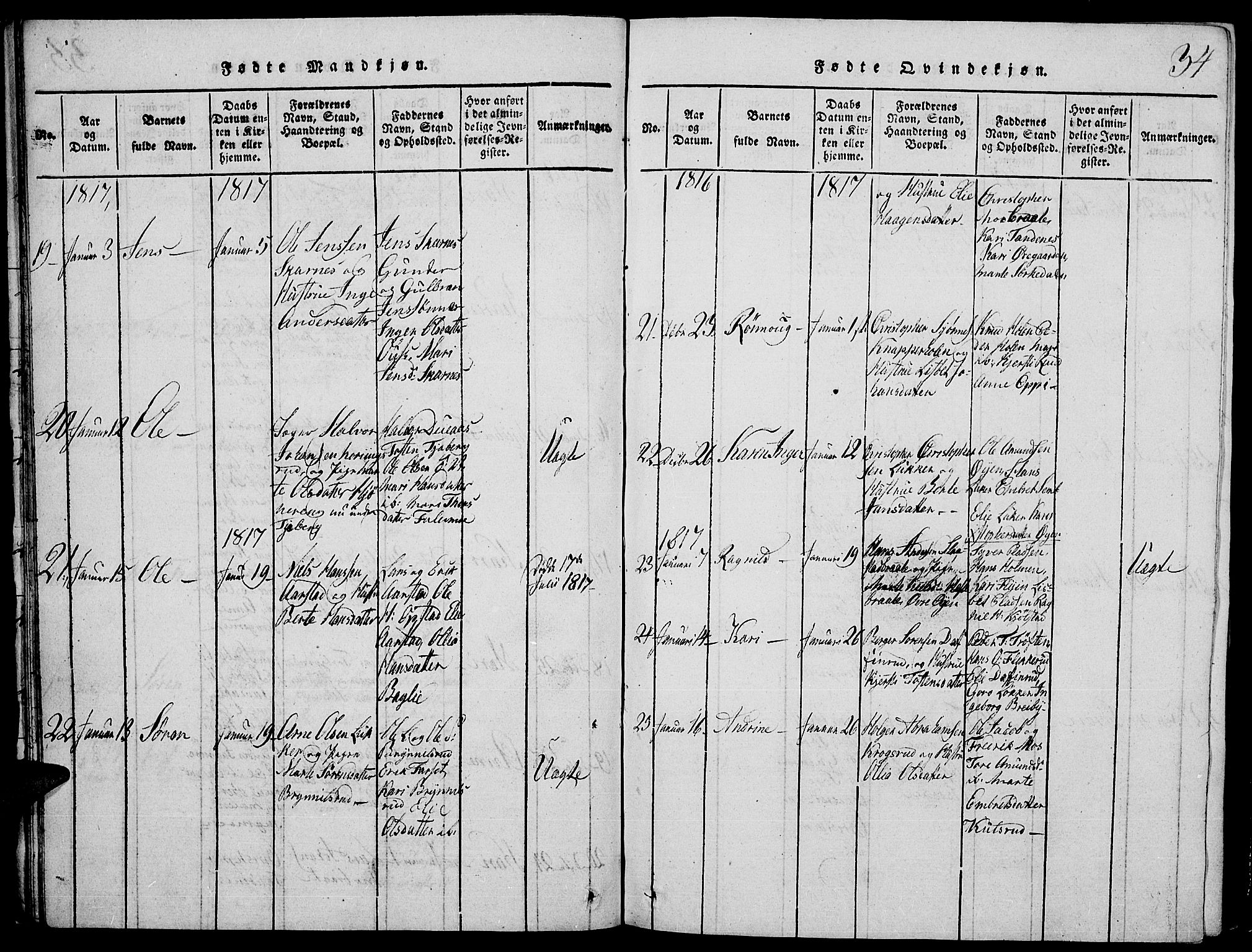 Strøm-Odalen prestekontor, AV/SAH-PREST-028/H/Ha/Hab/L0001: Parish register (copy) no. 1, 1813-1825, p. 34