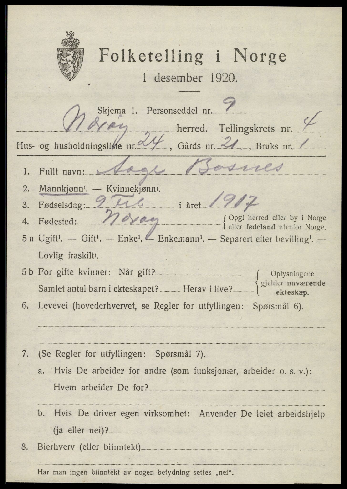 SAT, 1920 census for Nærøy, 1920, p. 2425