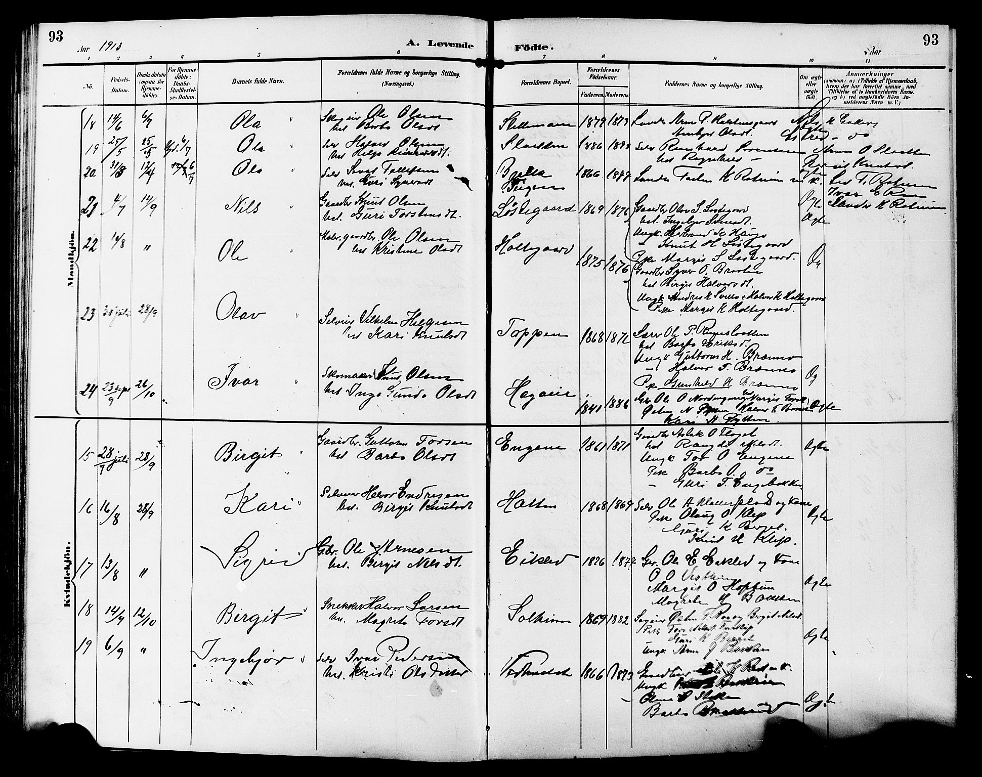 Gol kirkebøker, AV/SAKO-A-226/G/Ga/L0003: Parish register (copy) no. I 3, 1887-1914, p. 93