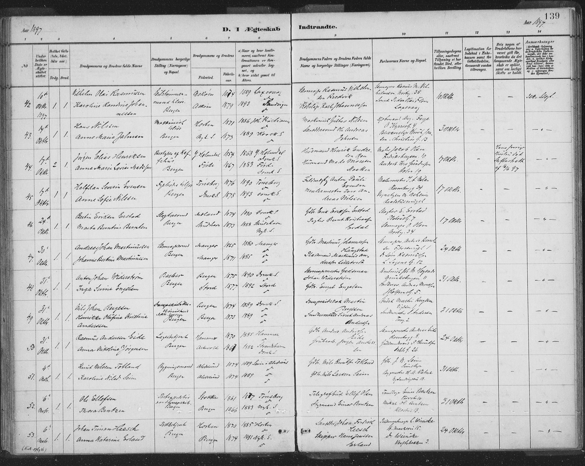 Domkirken sokneprestembete, AV/SAB-A-74801/H/Hab/L0032: Parish register (copy) no. D 4, 1880-1907, p. 139