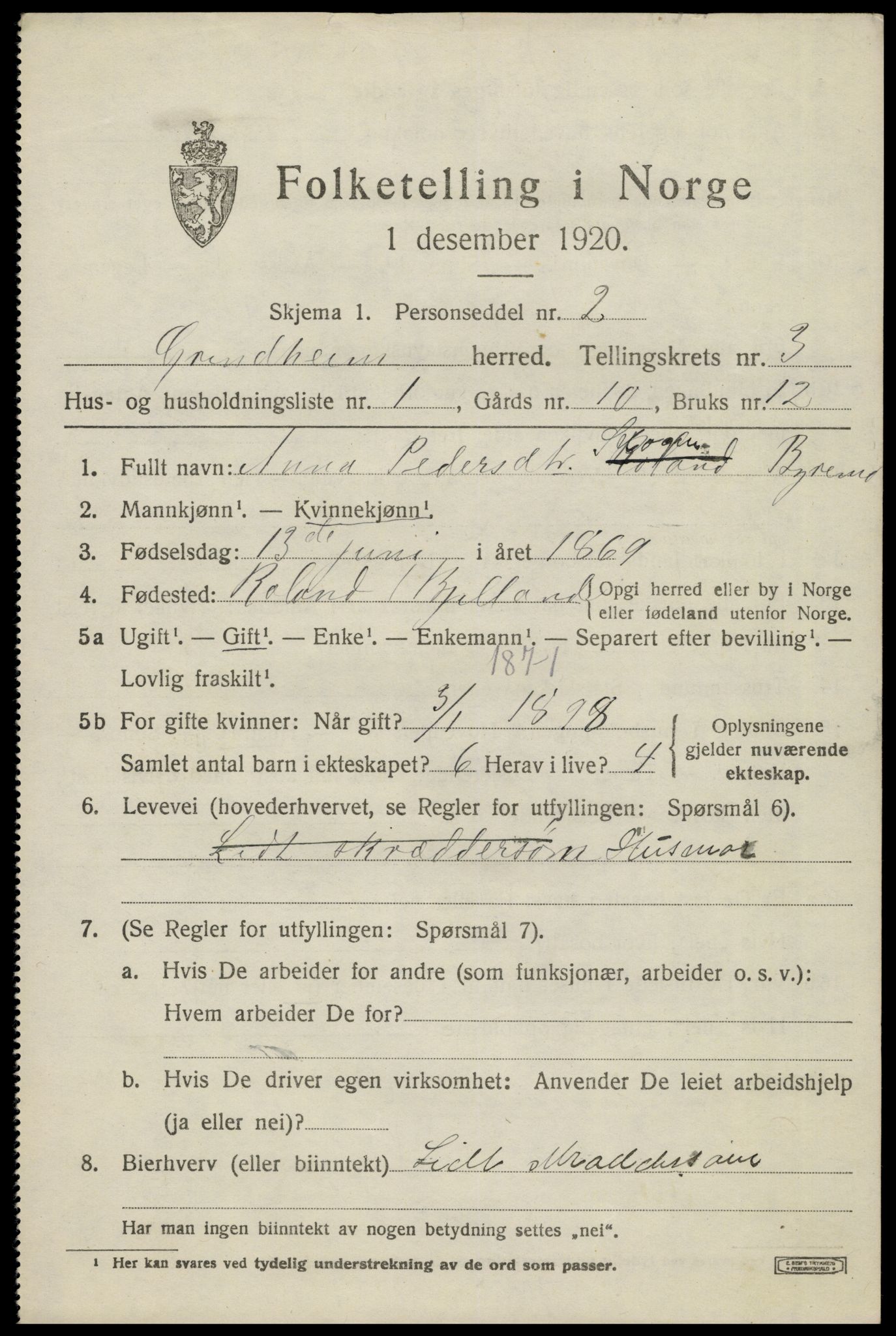 SAK, 1920 census for Grindheim, 1920, p. 891