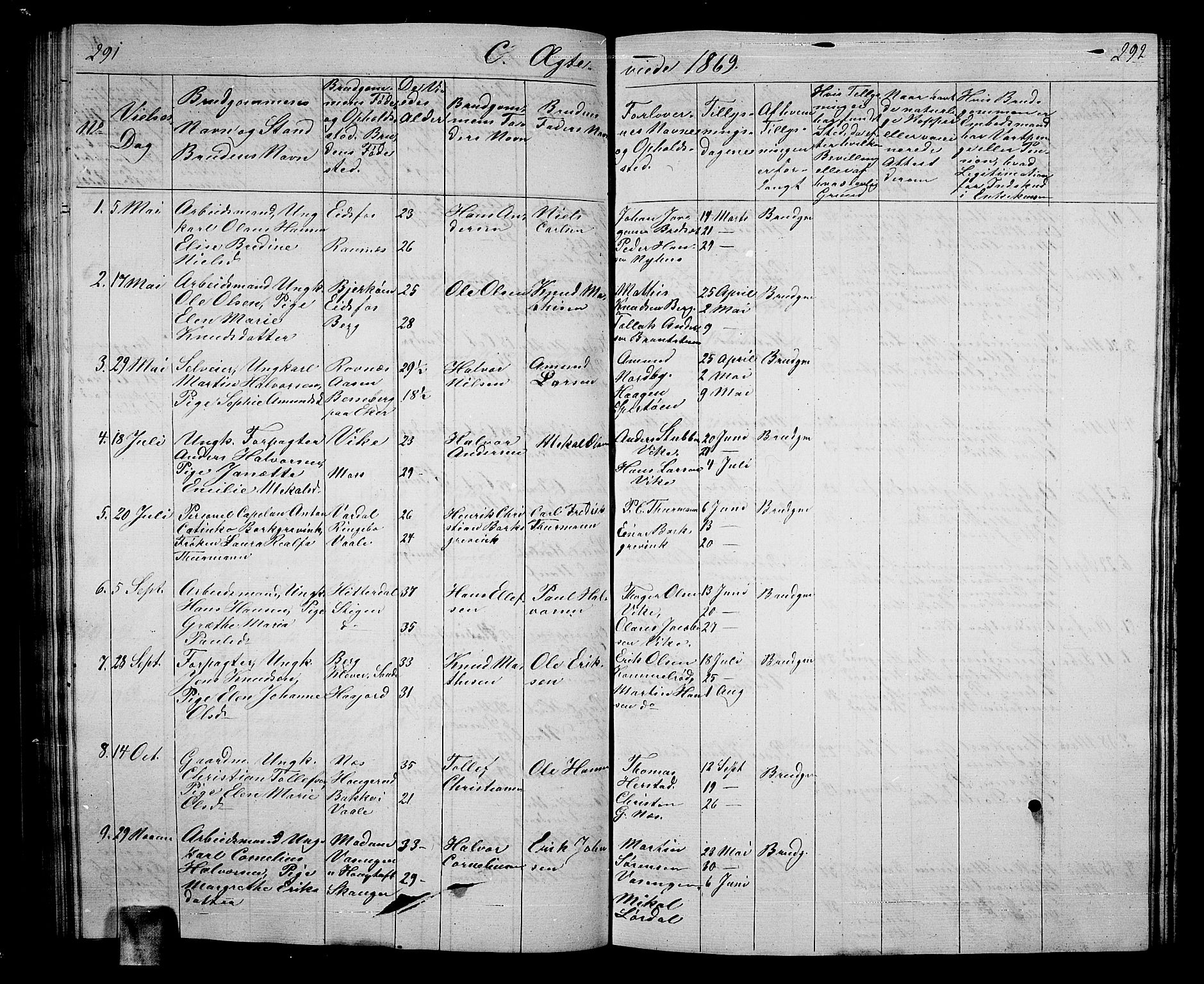 Hof kirkebøker, SAKO/A-64/G/Ga/L0002: Parish register (copy) no. I 2, 1859-1873, p. 291-292