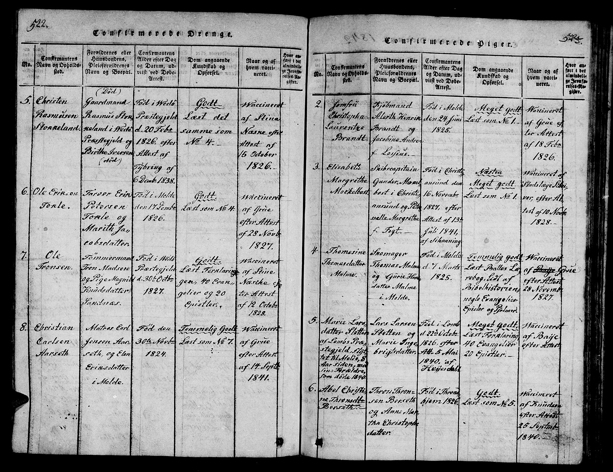 Ministerialprotokoller, klokkerbøker og fødselsregistre - Møre og Romsdal, AV/SAT-A-1454/558/L0700: Parish register (copy) no. 558C01, 1818-1868, p. 522-523