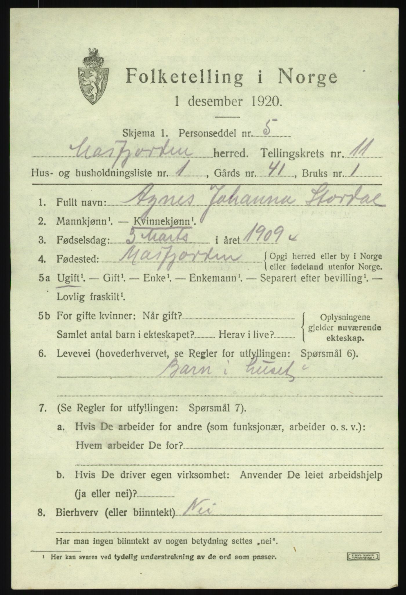 SAB, 1920 census for Masfjorden, 1920, p. 4129