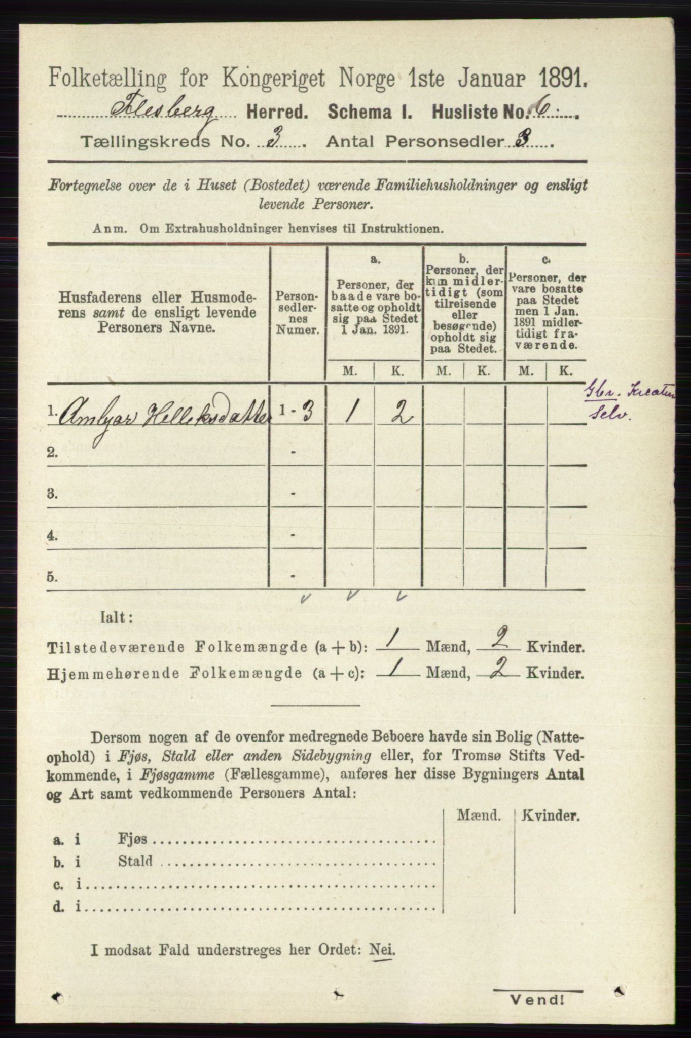 RA, 1891 census for 0631 Flesberg, 1891, p. 399