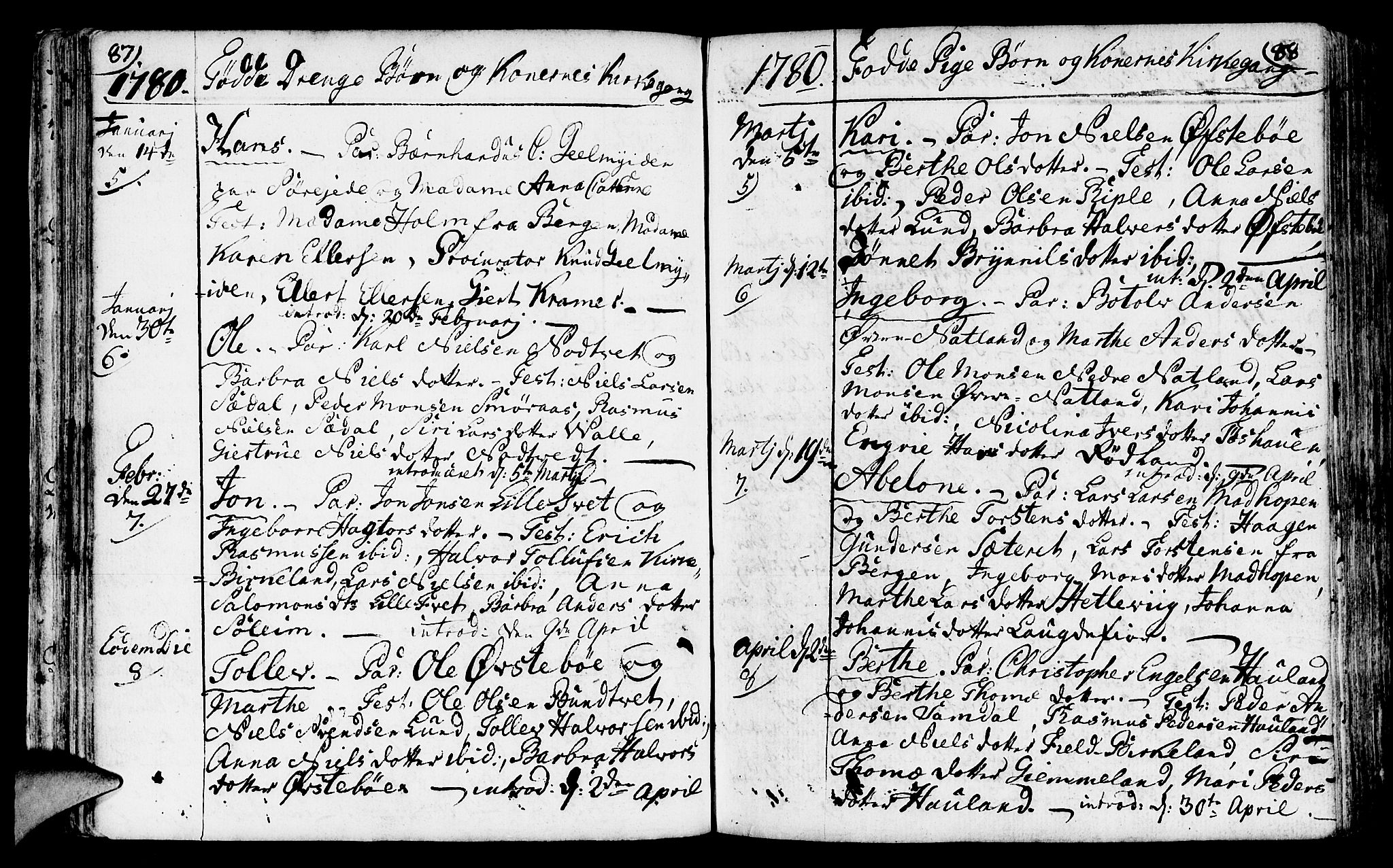 Fana Sokneprestembete, AV/SAB-A-75101/H/Haa/Haaa/L0005: Parish register (official) no. A 5, 1773-1799, p. 87-88