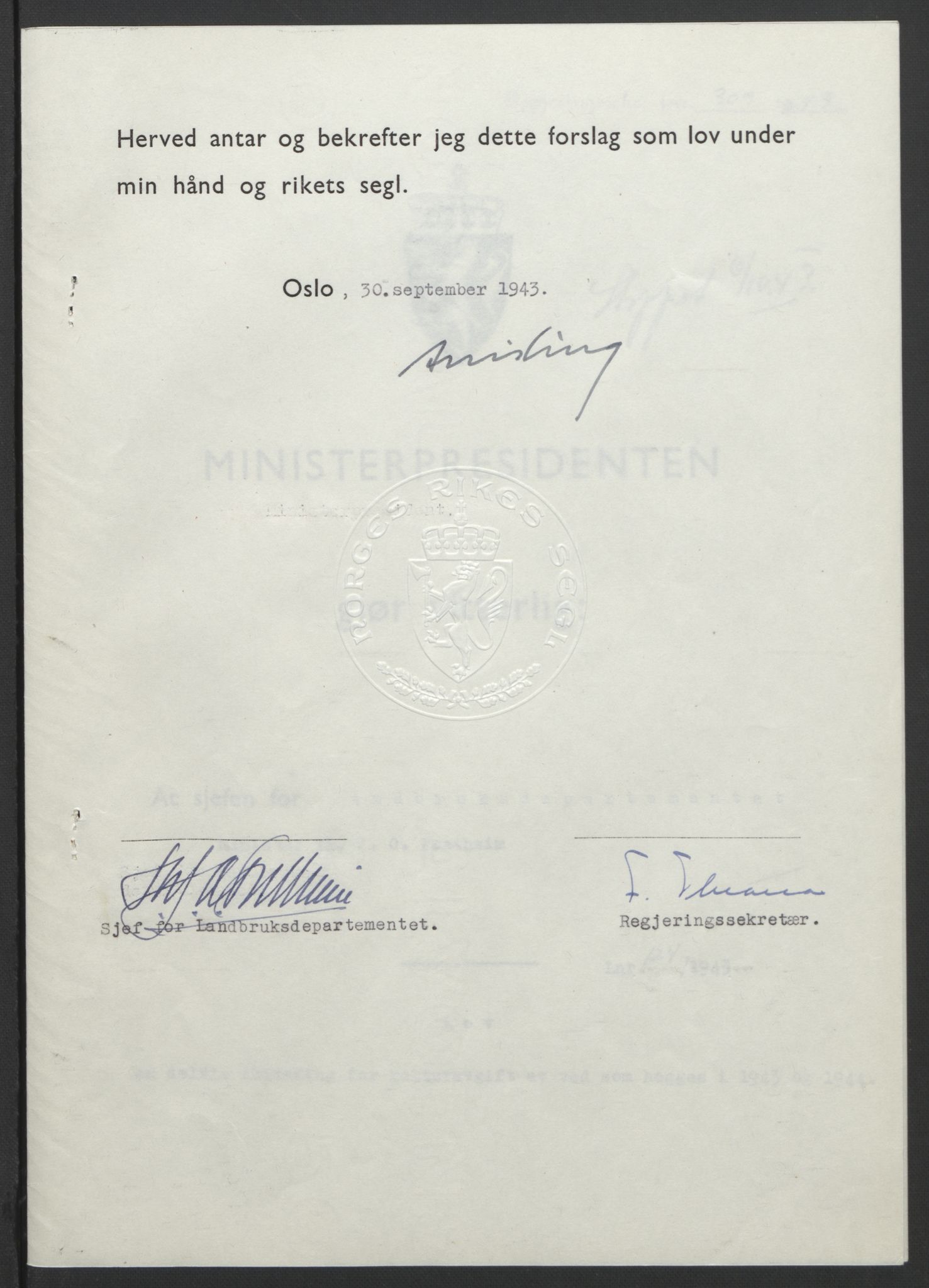 NS-administrasjonen 1940-1945 (Statsrådsekretariatet, de kommisariske statsråder mm), RA/S-4279/D/Db/L0099: Lover, 1943, p. 579