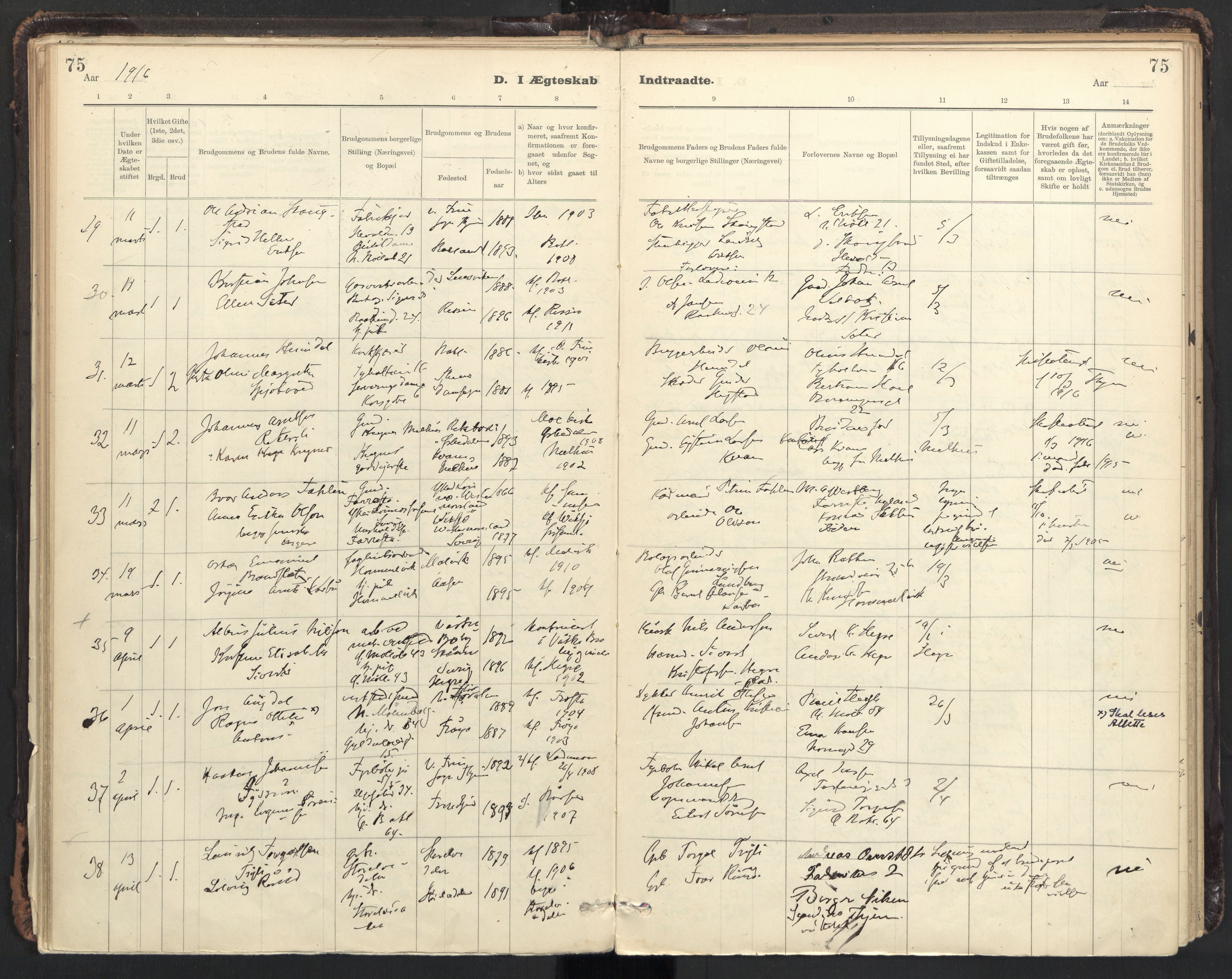 Ministerialprotokoller, klokkerbøker og fødselsregistre - Sør-Trøndelag, AV/SAT-A-1456/604/L0204: Parish register (official) no. 604A24, 1911-1920, p. 75