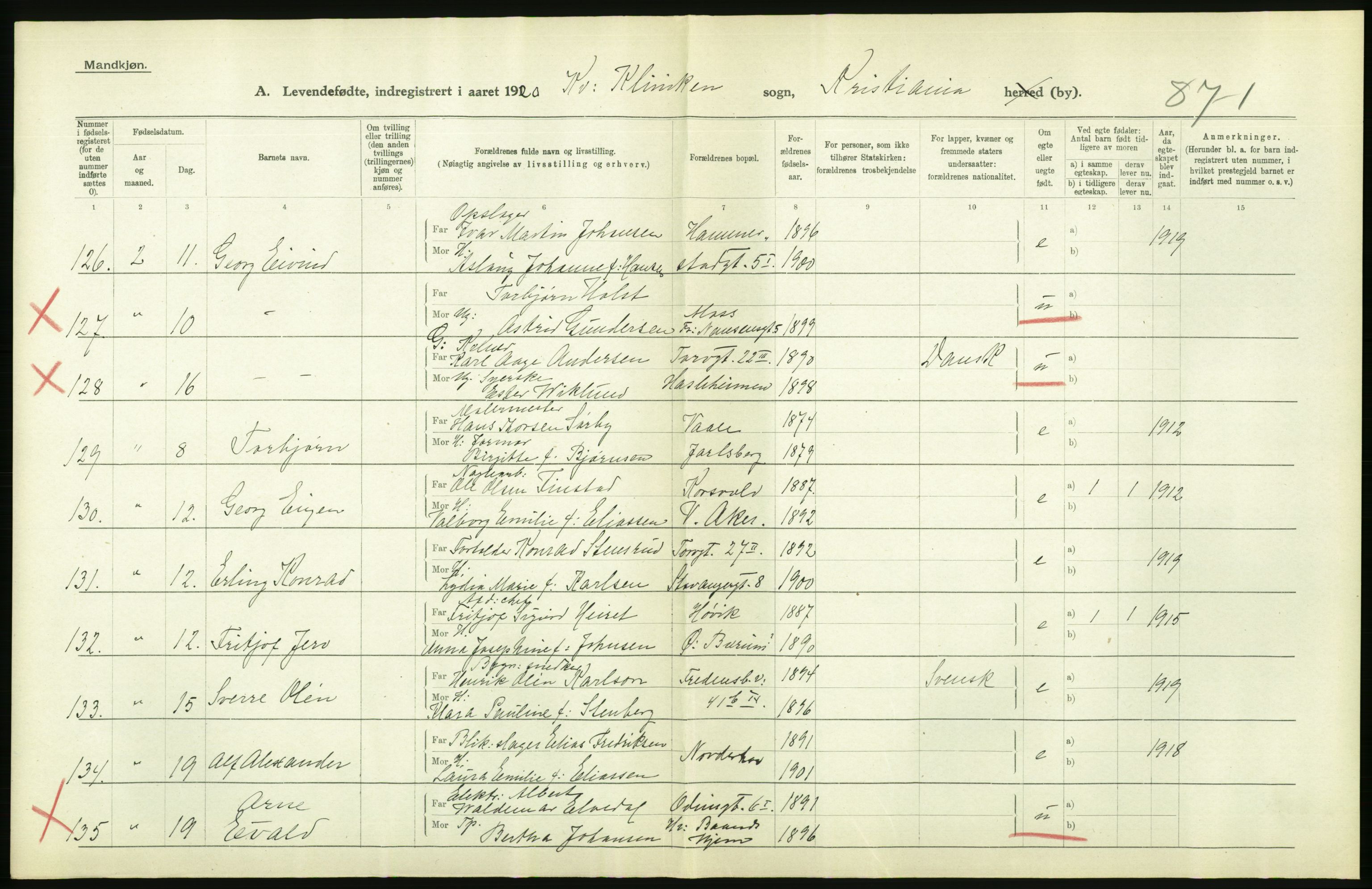 Statistisk sentralbyrå, Sosiodemografiske emner, Befolkning, RA/S-2228/D/Df/Dfb/Dfbj/L0008: Kristiania: Levendefødte menn og kvinner., 1920, p. 348