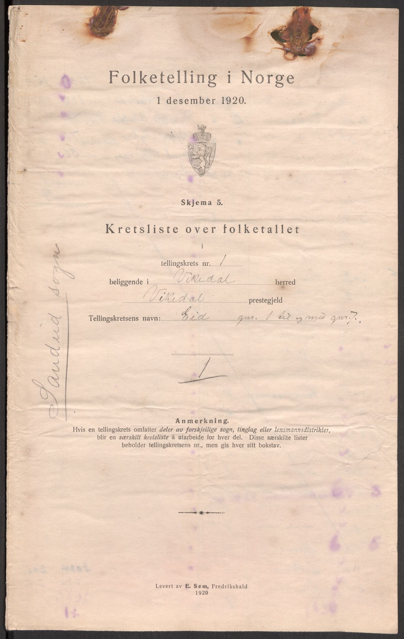 SAST, 1920 census for Vikedal, 1920, p. 9