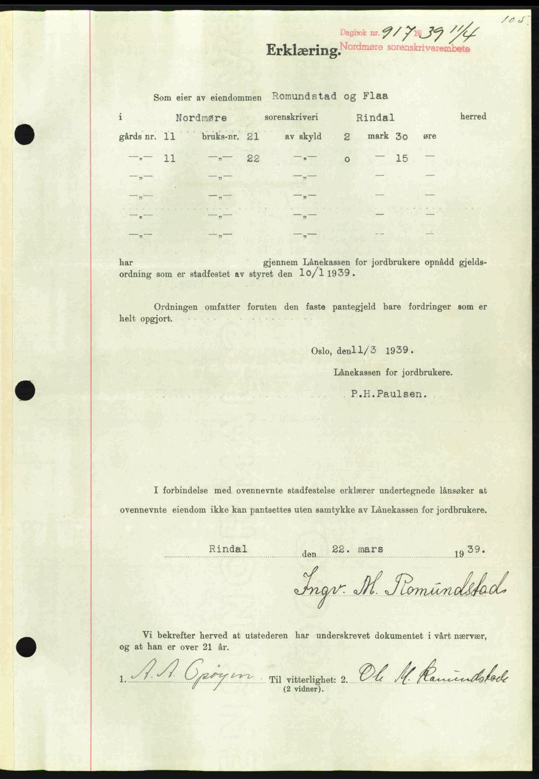 Nordmøre sorenskriveri, AV/SAT-A-4132/1/2/2Ca: Mortgage book no. B85, 1939-1939, Diary no: : 917/1939