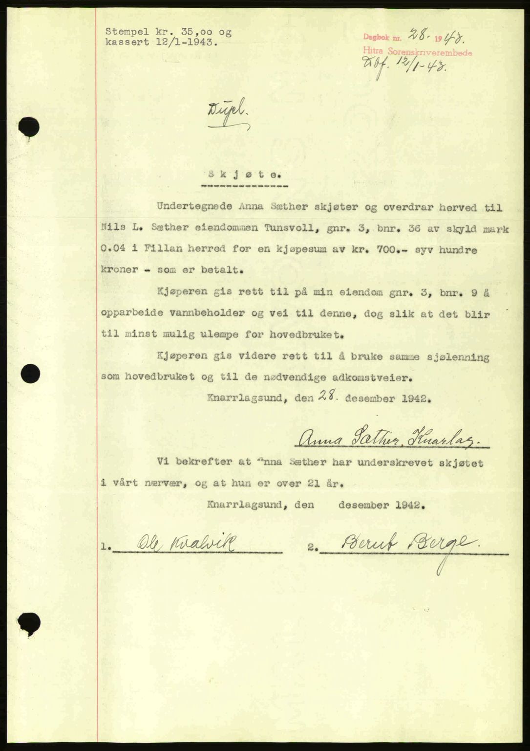 Hitra sorenskriveri, AV/SAT-A-0018/2/2C/2Ca: Mortgage book no. A2, 1943-1945, Diary no: : 28/1943