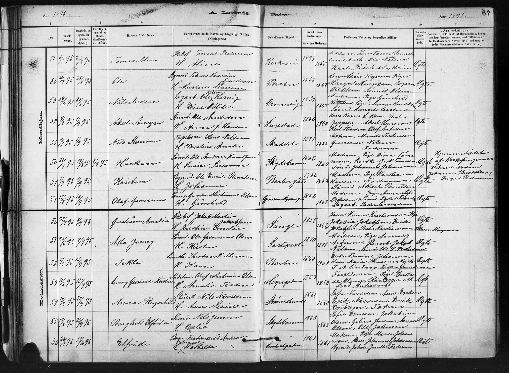 Barbu sokneprestkontor, SAK/1111-0003/F/Fb/L0002: Parish register (copy) no. B 2, 1890-1922, p. 67