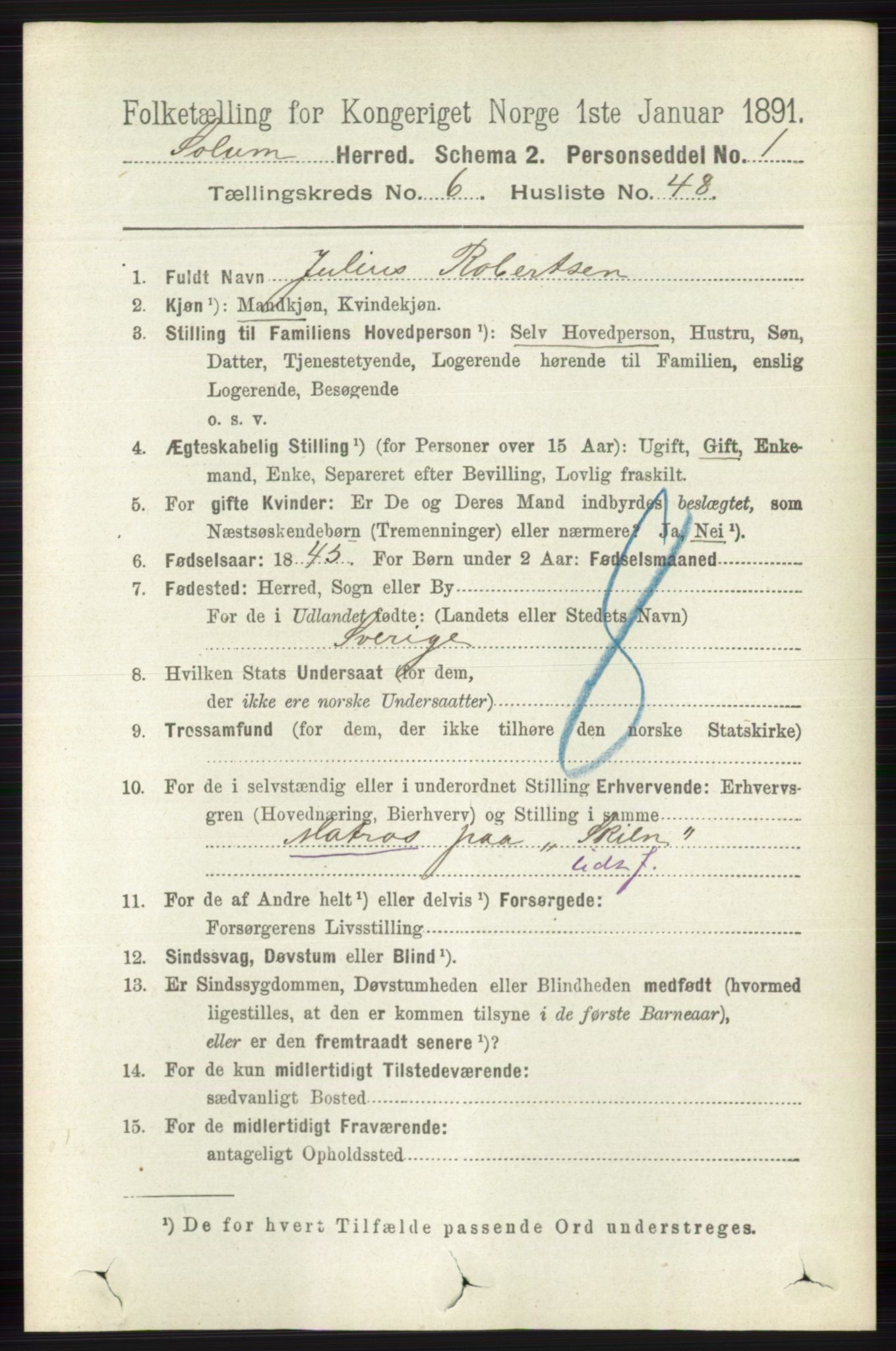 RA, 1891 census for 0818 Solum, 1891, p. 1458