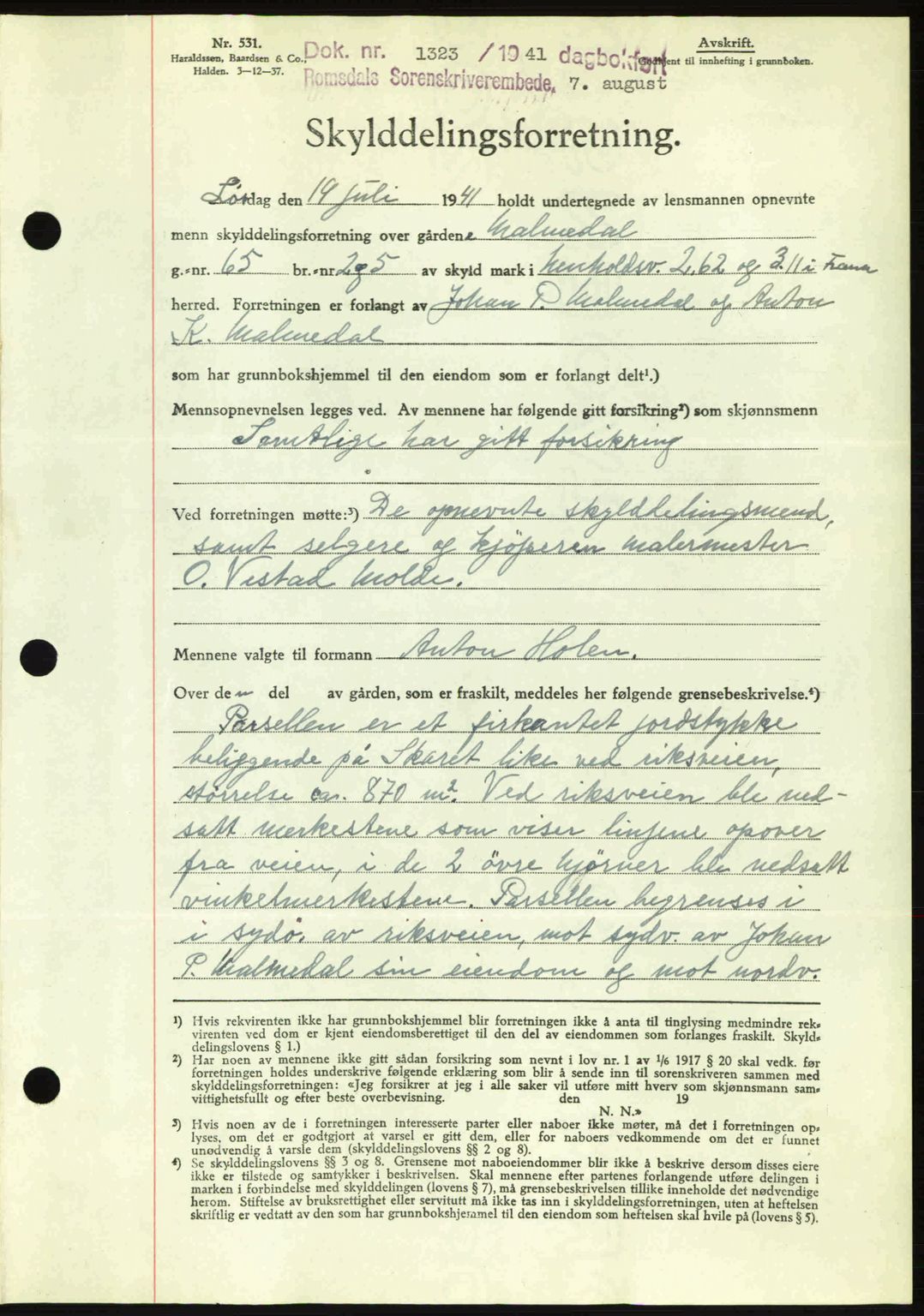 Romsdal sorenskriveri, AV/SAT-A-4149/1/2/2C: Mortgage book no. A10, 1941-1941, Diary no: : 1323/1941