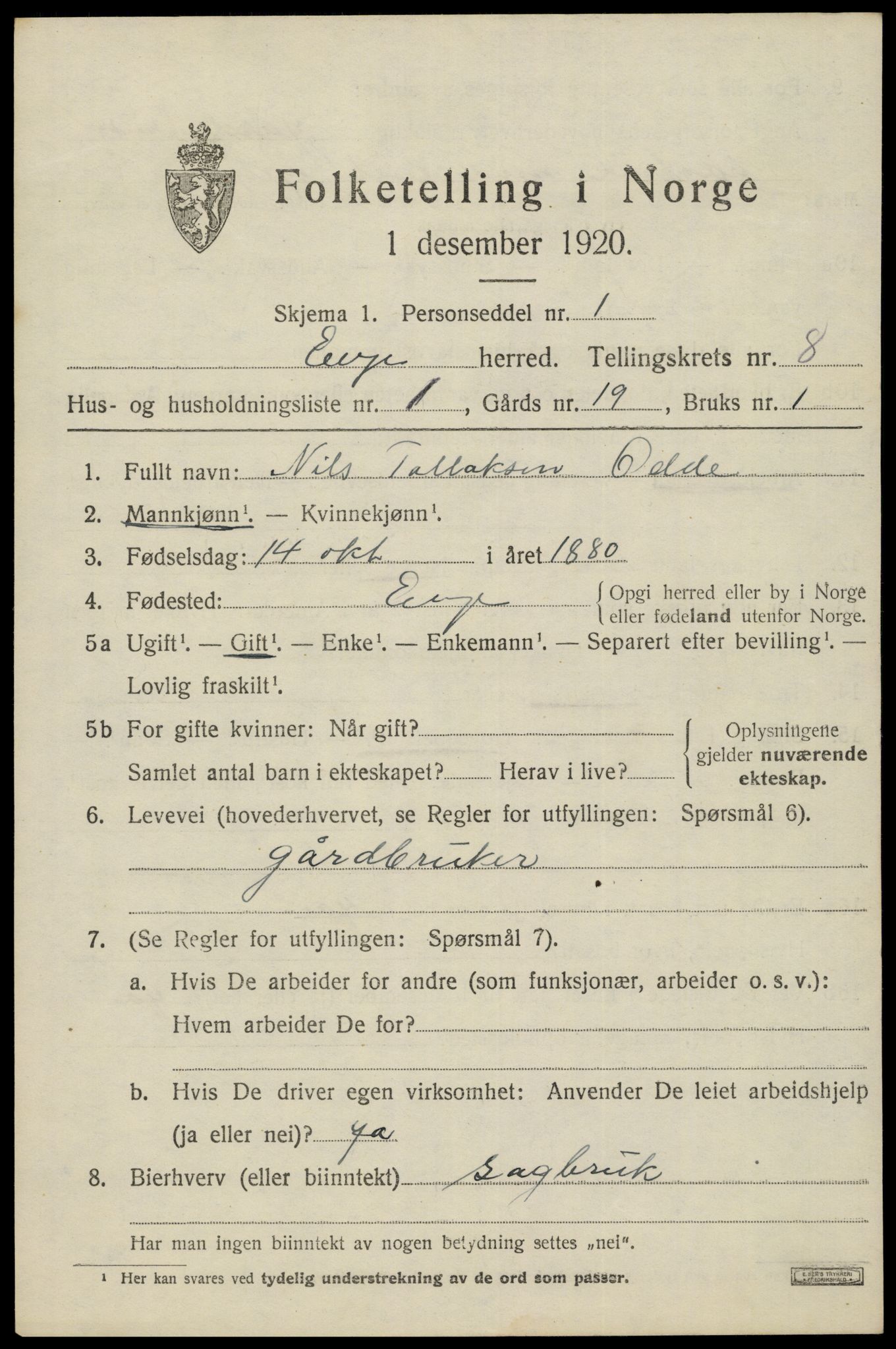 SAK, 1920 census for Evje, 1920, p. 2844