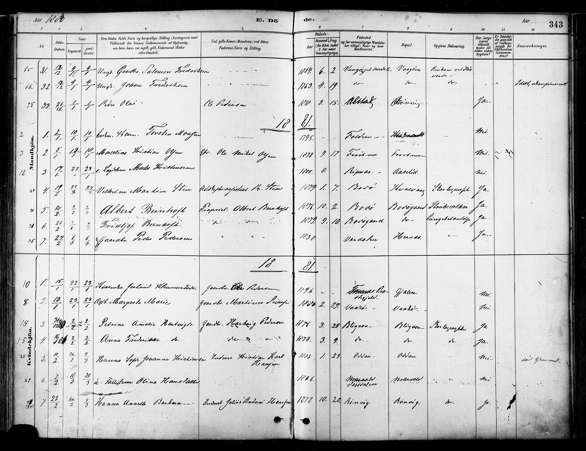 Ministerialprotokoller, klokkerbøker og fødselsregistre - Nordland, AV/SAT-A-1459/802/L0054: Parish register (official) no. 802A01, 1879-1893, p. 343