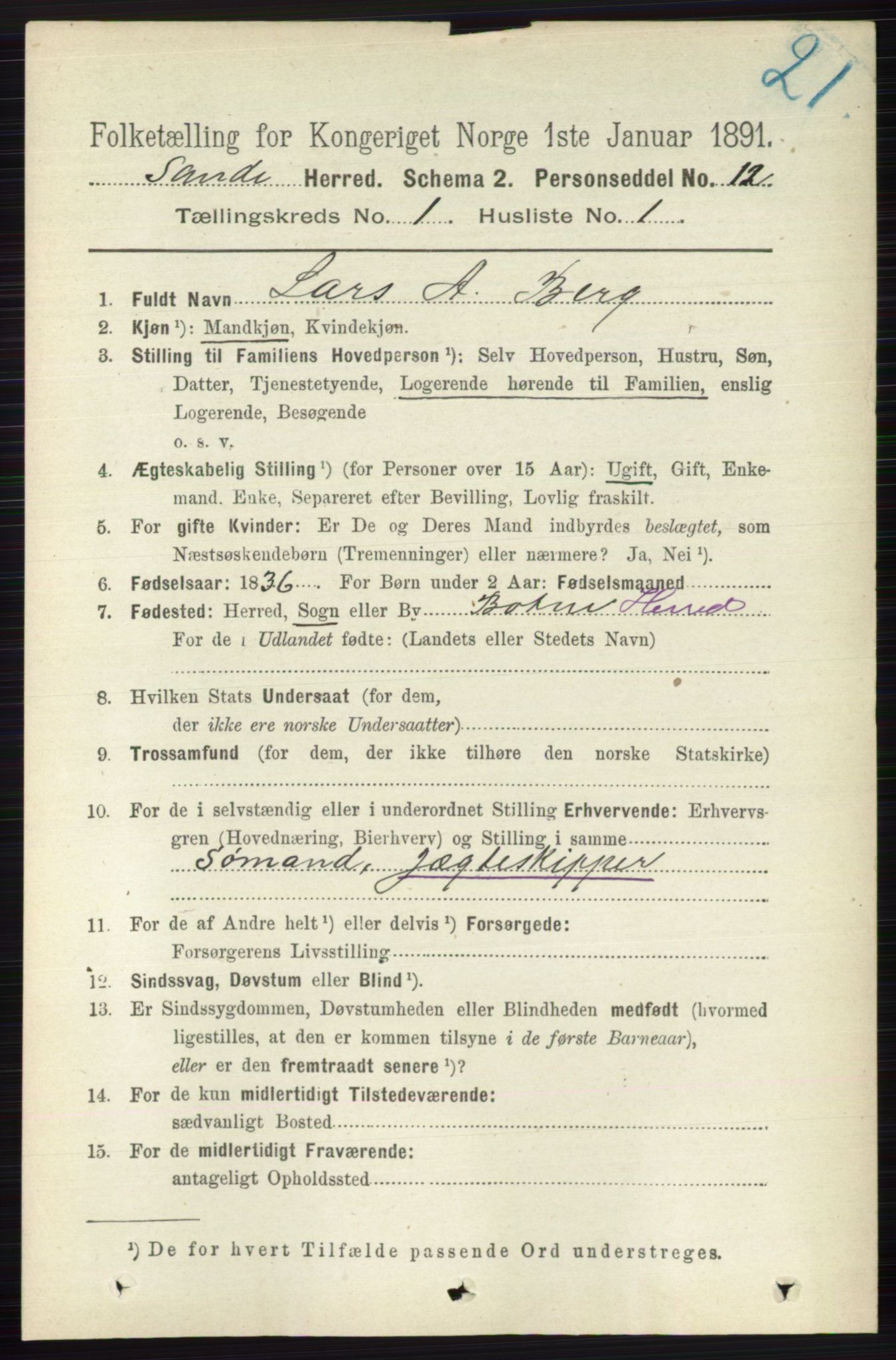 RA, 1891 census for 0713 Sande, 1891, p. 104