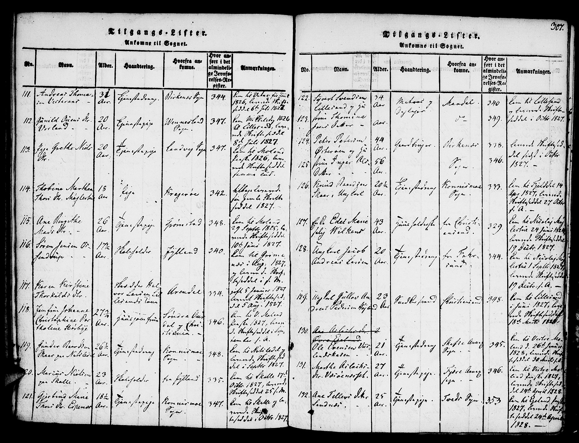Vestre Moland sokneprestkontor, SAK/1111-0046/F/Fa/Fab/L0003: Parish register (official) no. A 3, 1816-1843, p. 307