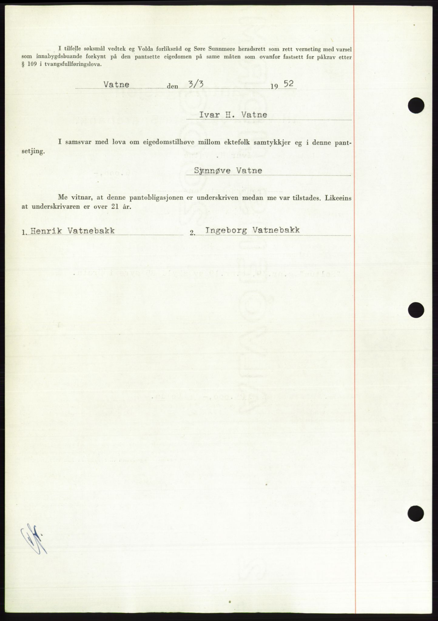 Søre Sunnmøre sorenskriveri, AV/SAT-A-4122/1/2/2C/L0121: Mortgage book no. 9B, 1951-1952, Diary no: : 406/1952