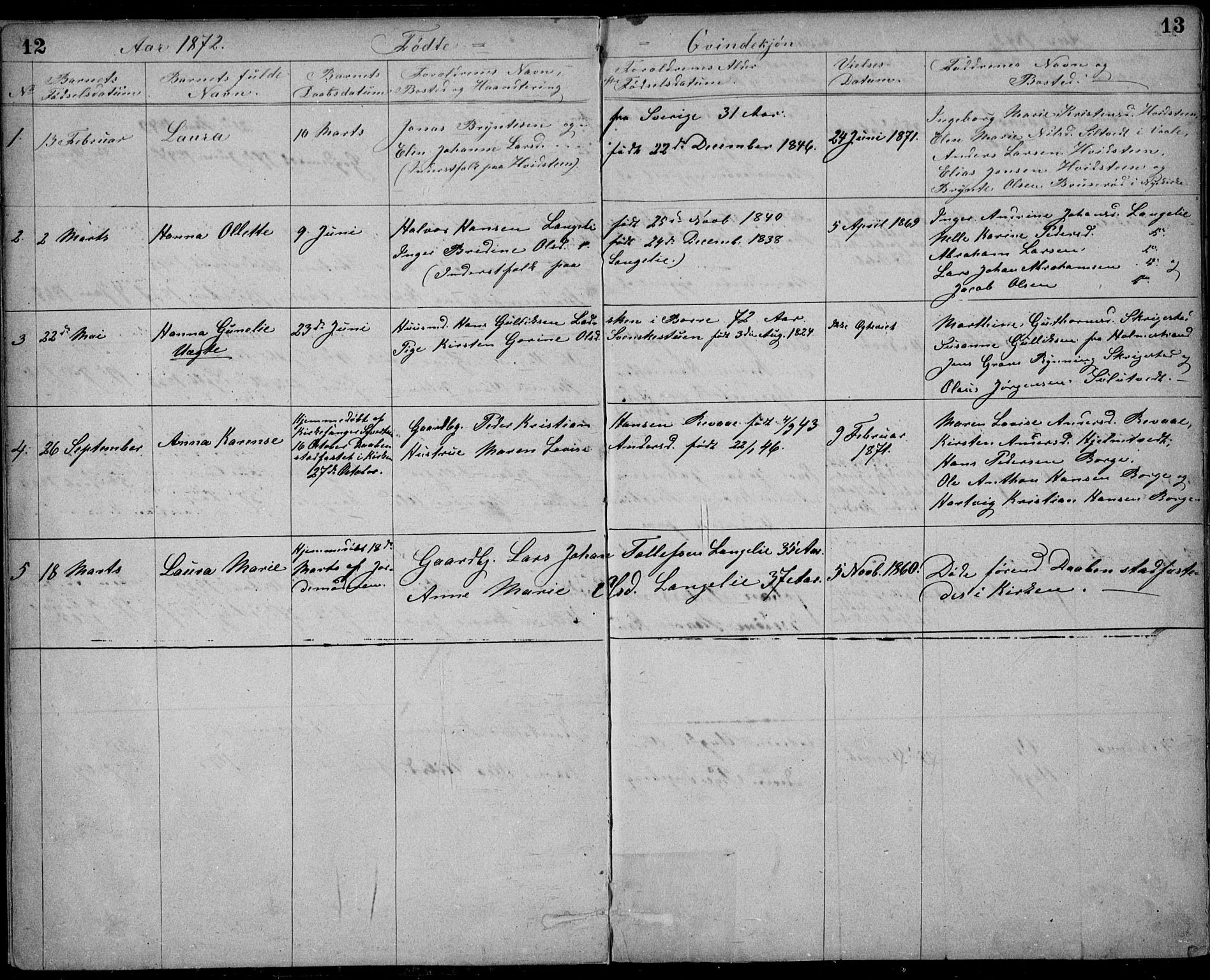 Ramnes kirkebøker, AV/SAKO-A-314/G/Gb/L0001: Parish register (copy) no. II 1, 1869-1904, p. 12-13