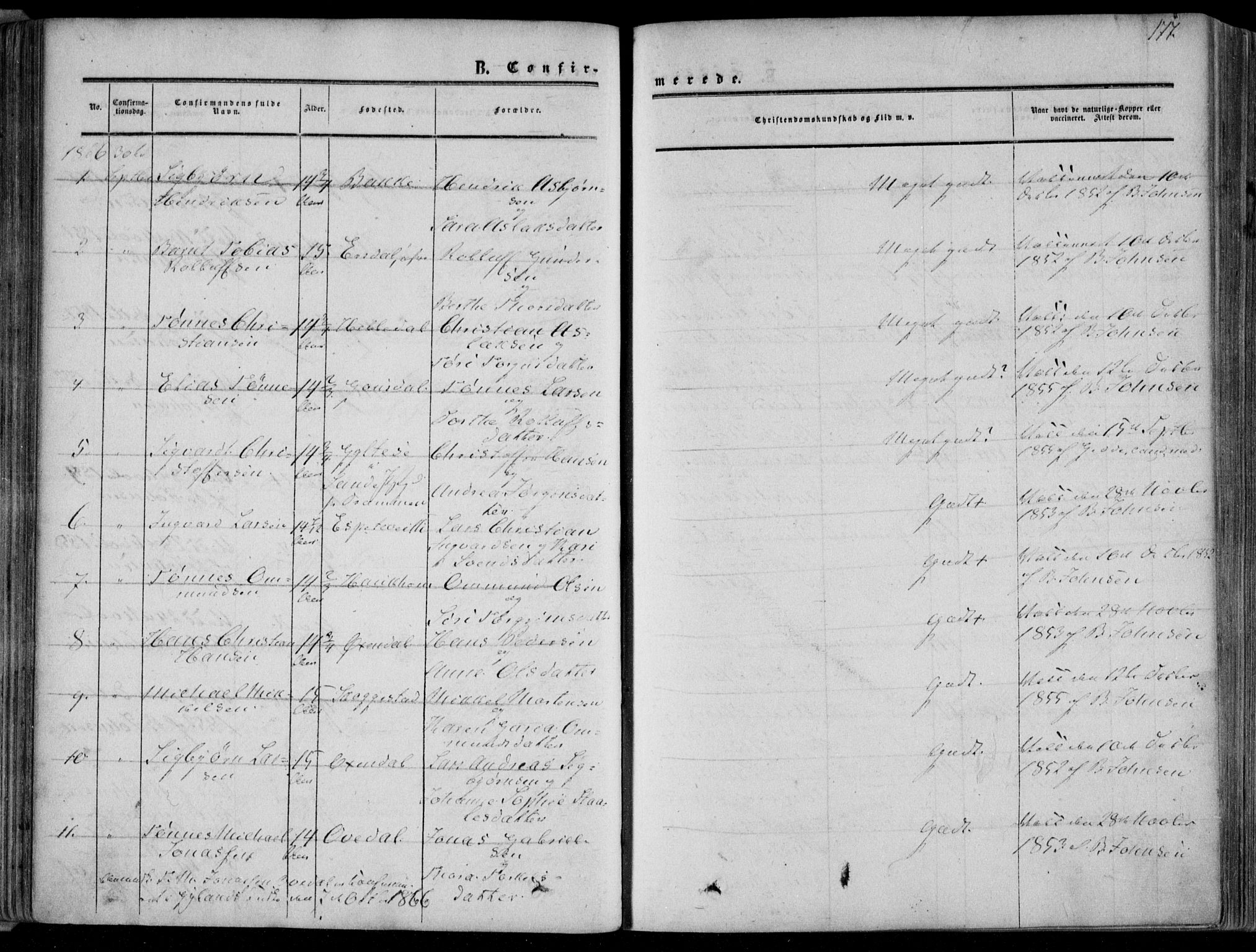 Bakke sokneprestkontor, AV/SAK-1111-0002/F/Fa/Faa/L0006: Parish register (official) no. A 6, 1855-1877, p. 177