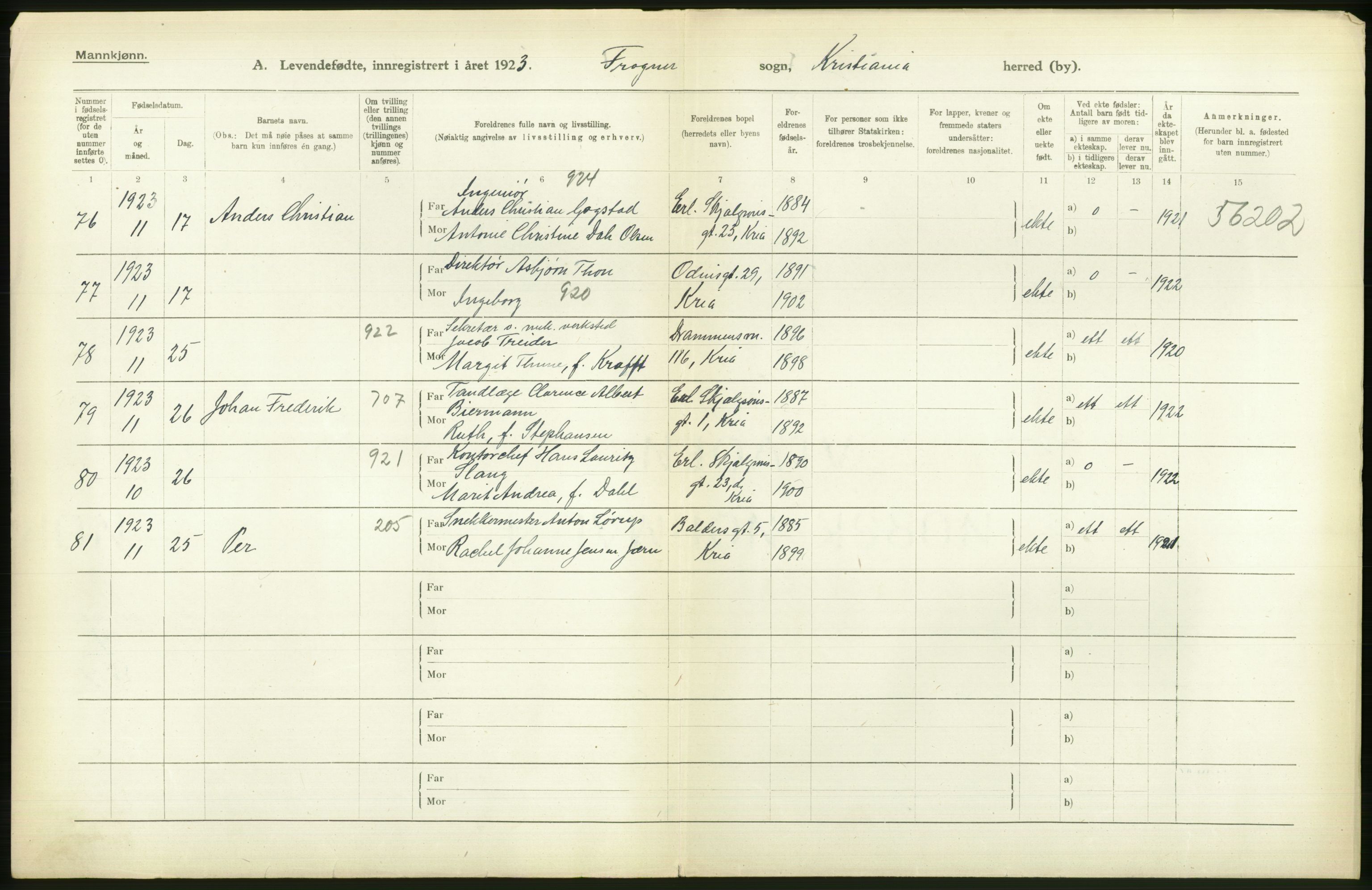 Statistisk sentralbyrå, Sosiodemografiske emner, Befolkning, AV/RA-S-2228/D/Df/Dfc/Dfcc/L0006: Kristiania: Levendefødte menn og kvinner., 1923, p. 644