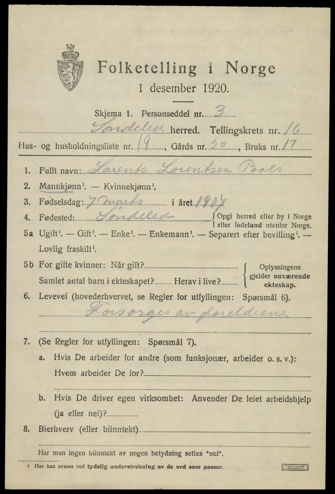 SAK, 1920 census for Søndeled, 1920, p. 7299