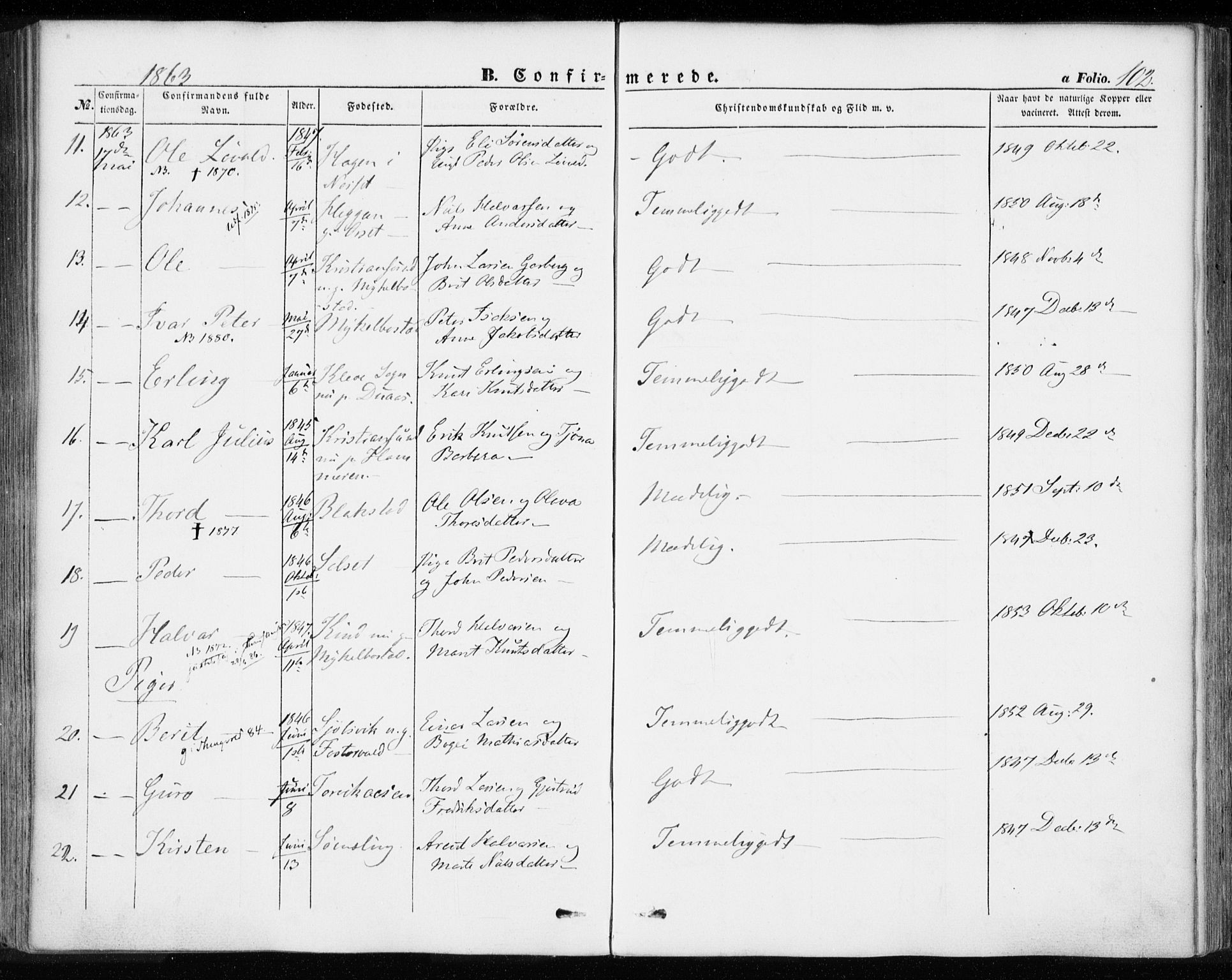 Ministerialprotokoller, klokkerbøker og fødselsregistre - Møre og Romsdal, AV/SAT-A-1454/584/L0965: Parish register (official) no. 584A05, 1857-1868, p. 102