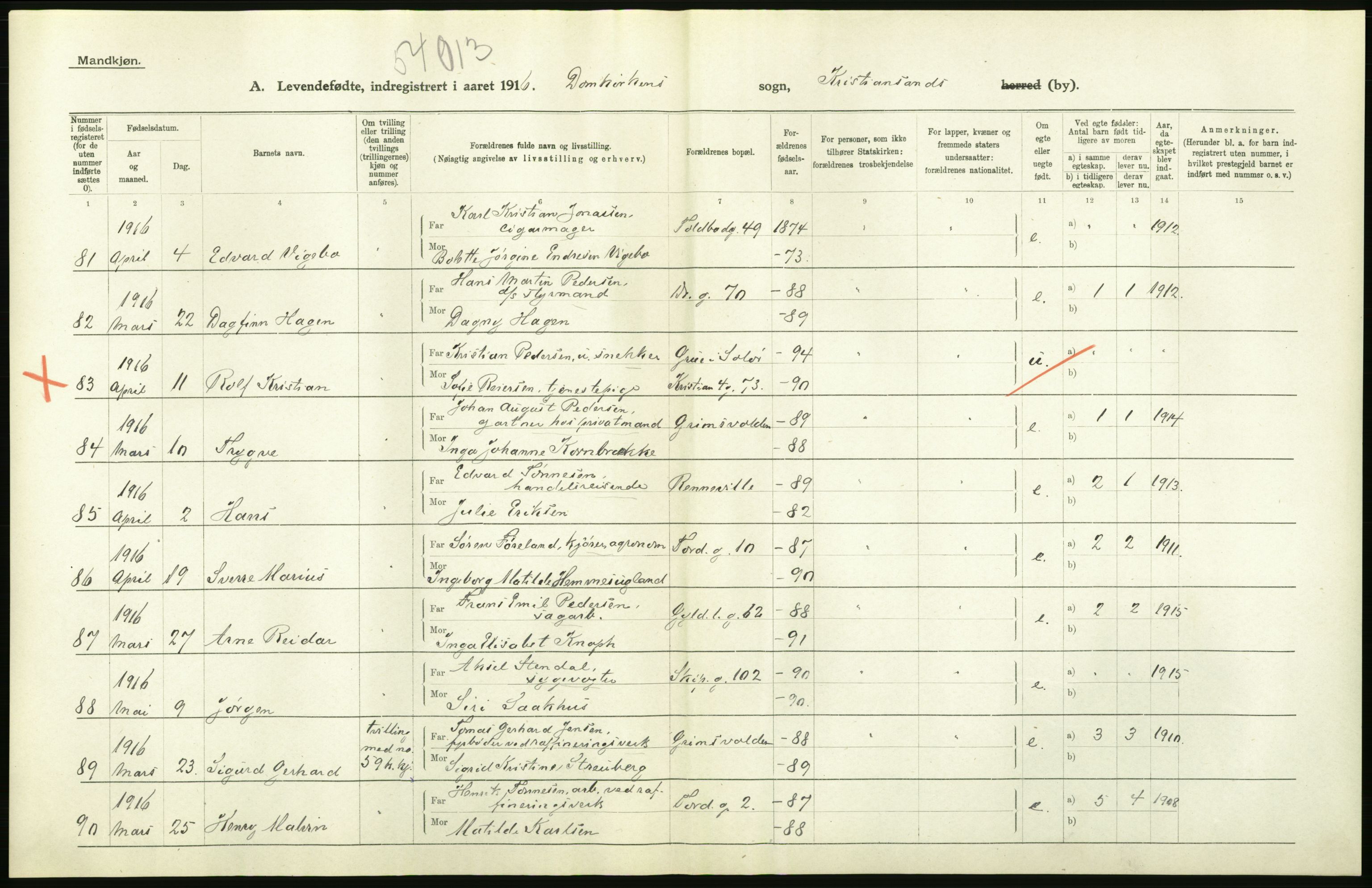 Statistisk sentralbyrå, Sosiodemografiske emner, Befolkning, AV/RA-S-2228/D/Df/Dfb/Dfbf/L0027: Lister og Mandals amt: Levendefødte menn og kvinner. Bygder og byer., 1916, p. 370