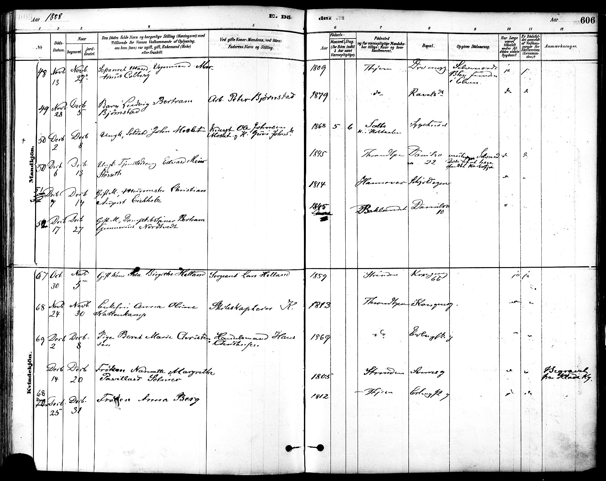 Ministerialprotokoller, klokkerbøker og fødselsregistre - Sør-Trøndelag, SAT/A-1456/601/L0058: Parish register (official) no. 601A26, 1877-1891, p. 606