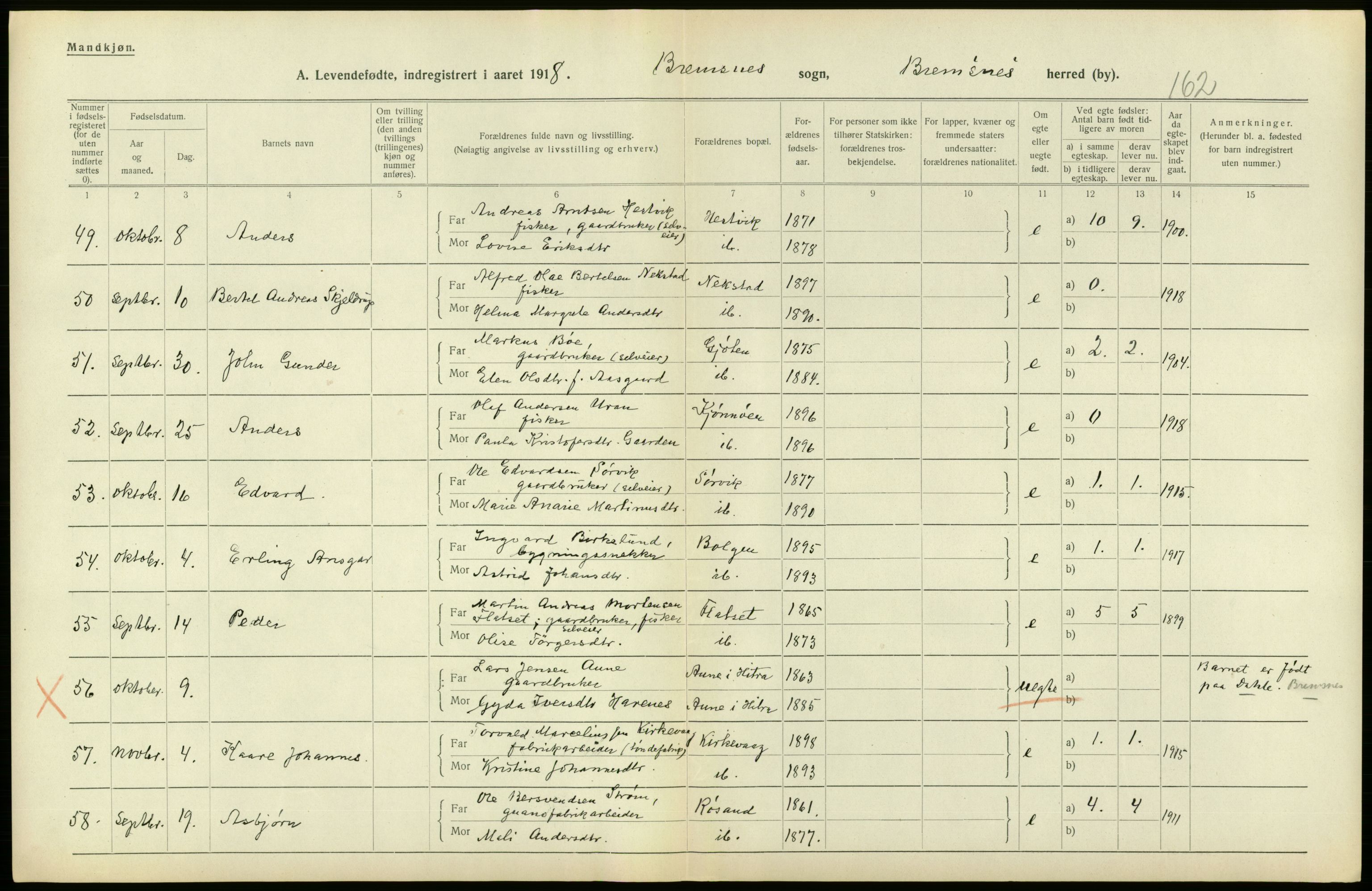 Statistisk sentralbyrå, Sosiodemografiske emner, Befolkning, RA/S-2228/D/Df/Dfb/Dfbh/L0043: Møre fylke: Levendefødte menn og kvinner. Bygder., 1918, p. 434