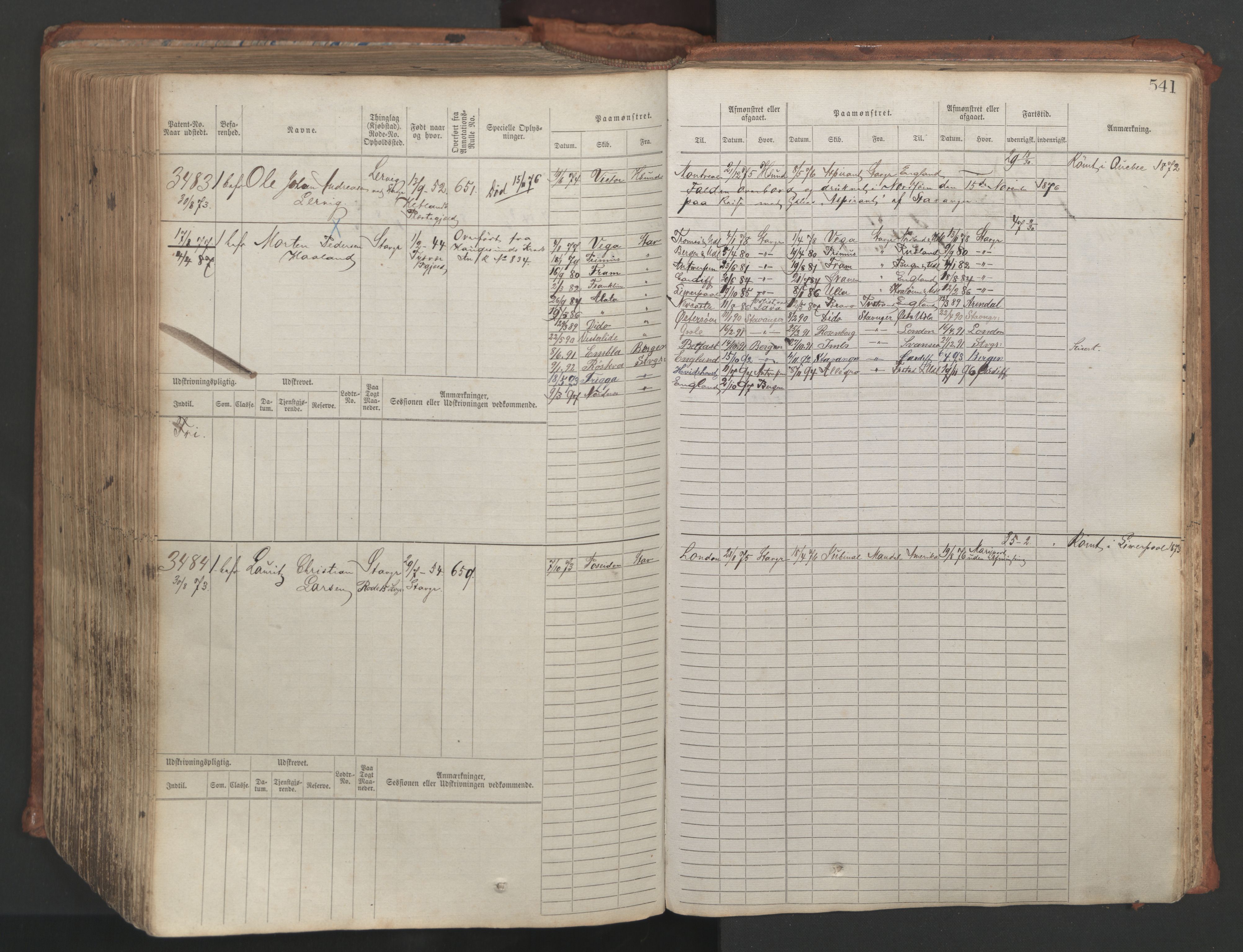 Stavanger sjømannskontor, AV/SAST-A-102006/F/Fb/Fbb/L0007: Sjøfartshovedrulle, patentnr. 2403-3604, 1869-1880, p. 598