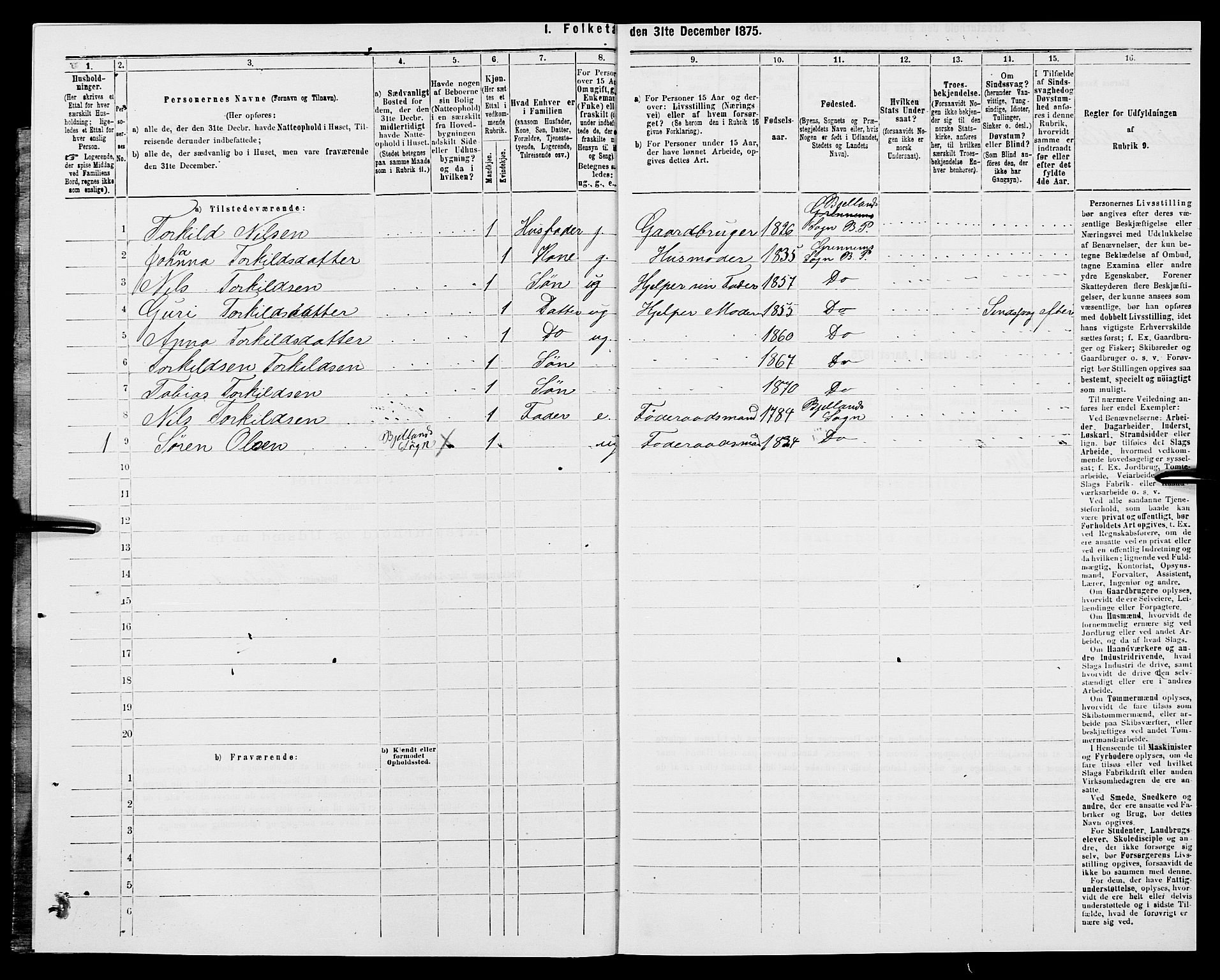 SAK, 1875 census for 1024P Bjelland, 1875, p. 392