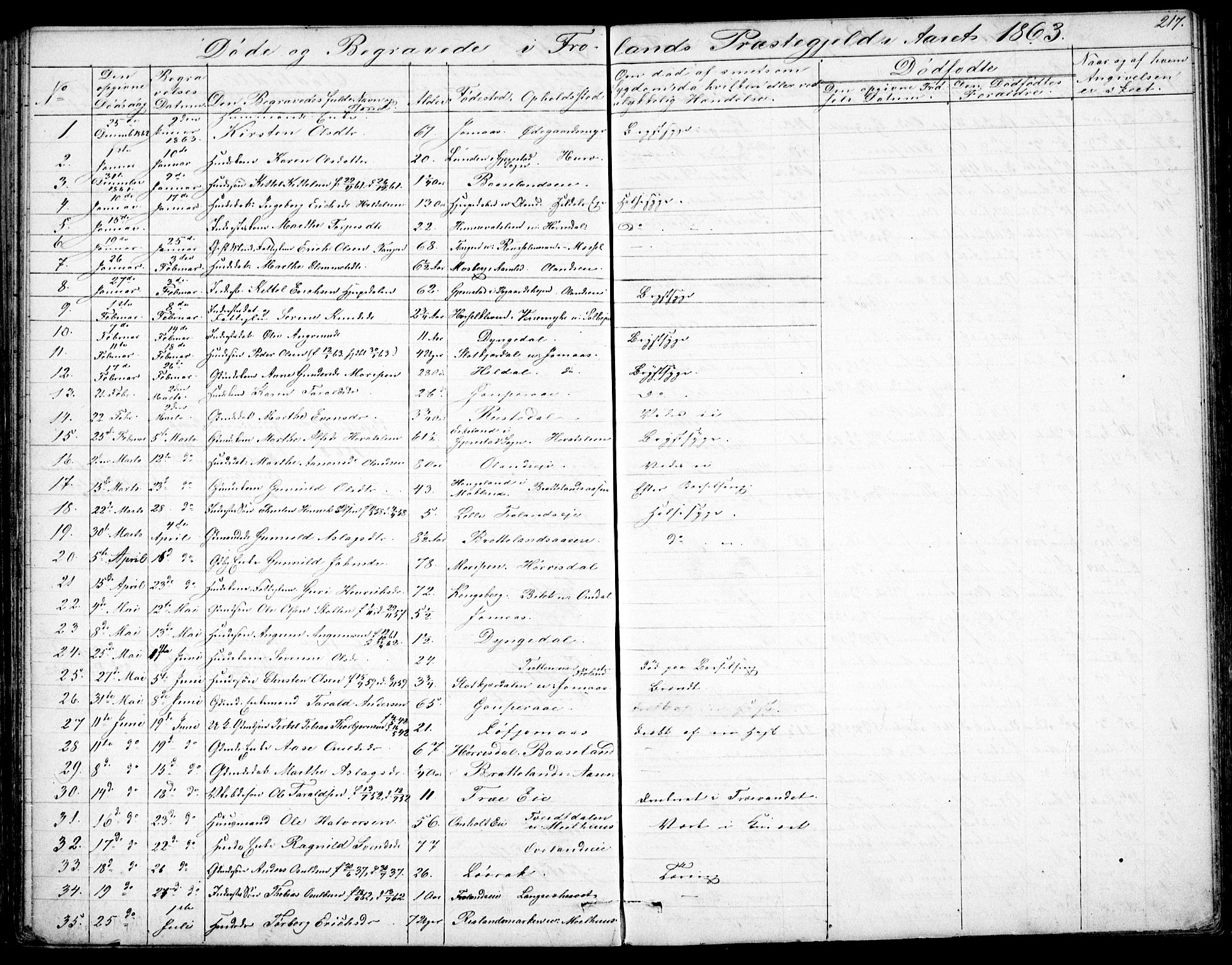 Froland sokneprestkontor, SAK/1111-0013/F/Fb/L0008: Parish register (copy) no. B 8, 1843-1875, p. 217