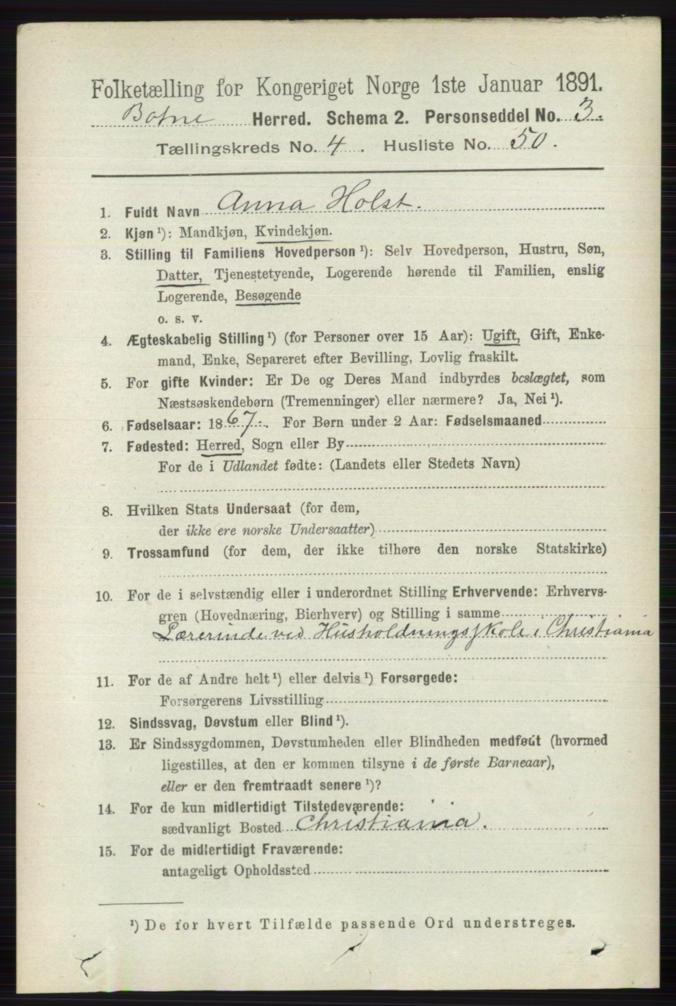 RA, 1891 census for 0715 Botne, 1891, p. 1889